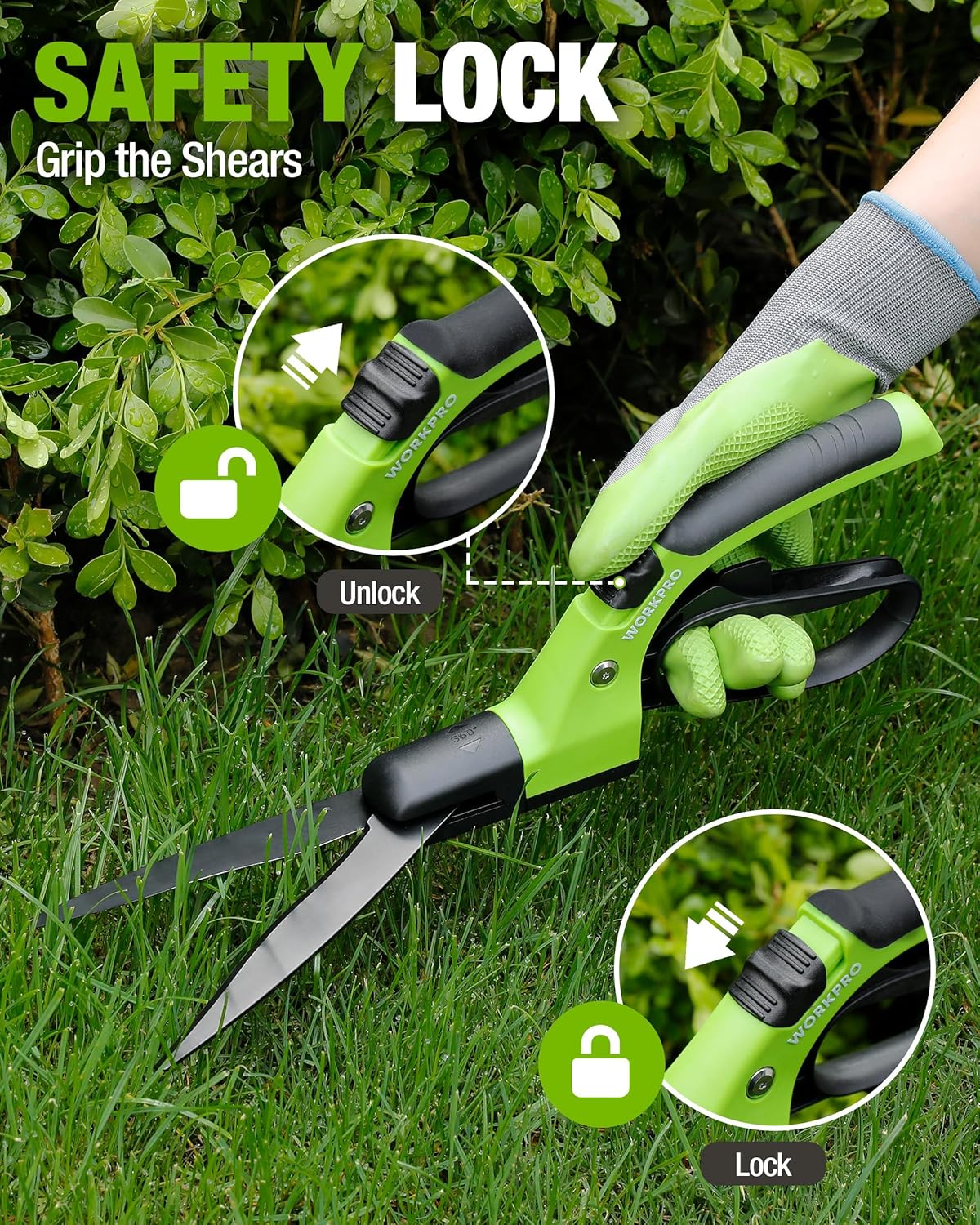 WORKPRO grass clippers with safety lock and black-grip handles, lime-green body