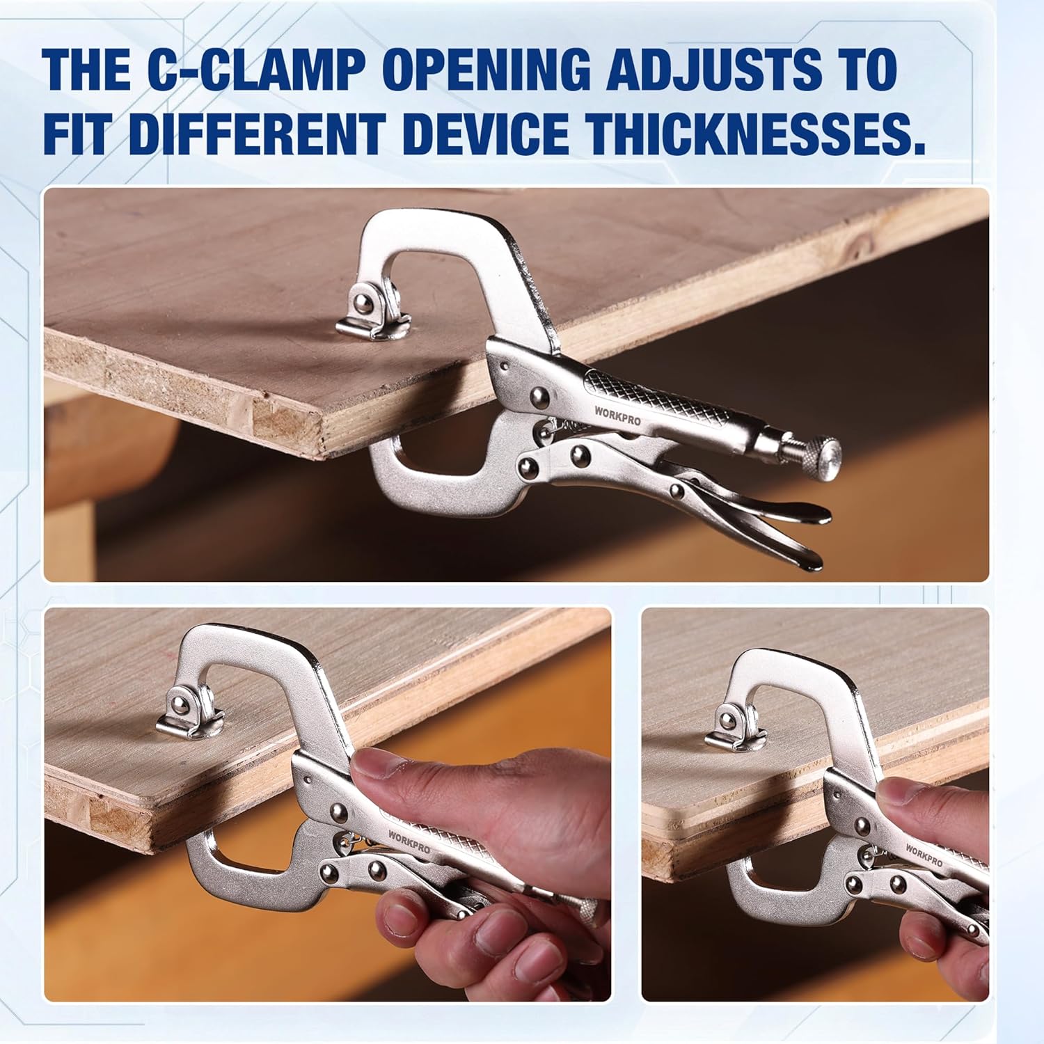 C-clamp with adjustable opening fitting a wood edge; swivel pad and gray steel lever