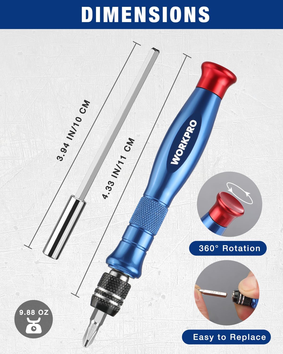 Blue and red pen-style precision screwdriver with silver shaft and metal bit tip