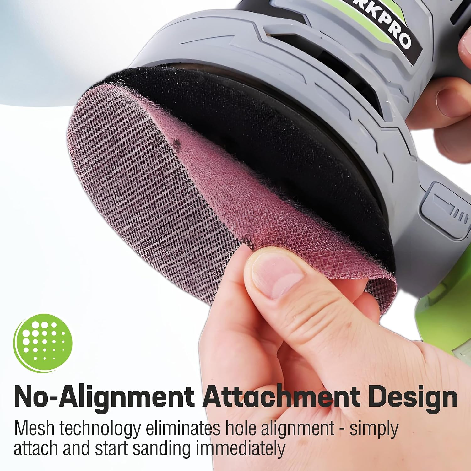 Purple abrasive pad wrapped on orbital sander with hook-and-loop attachment