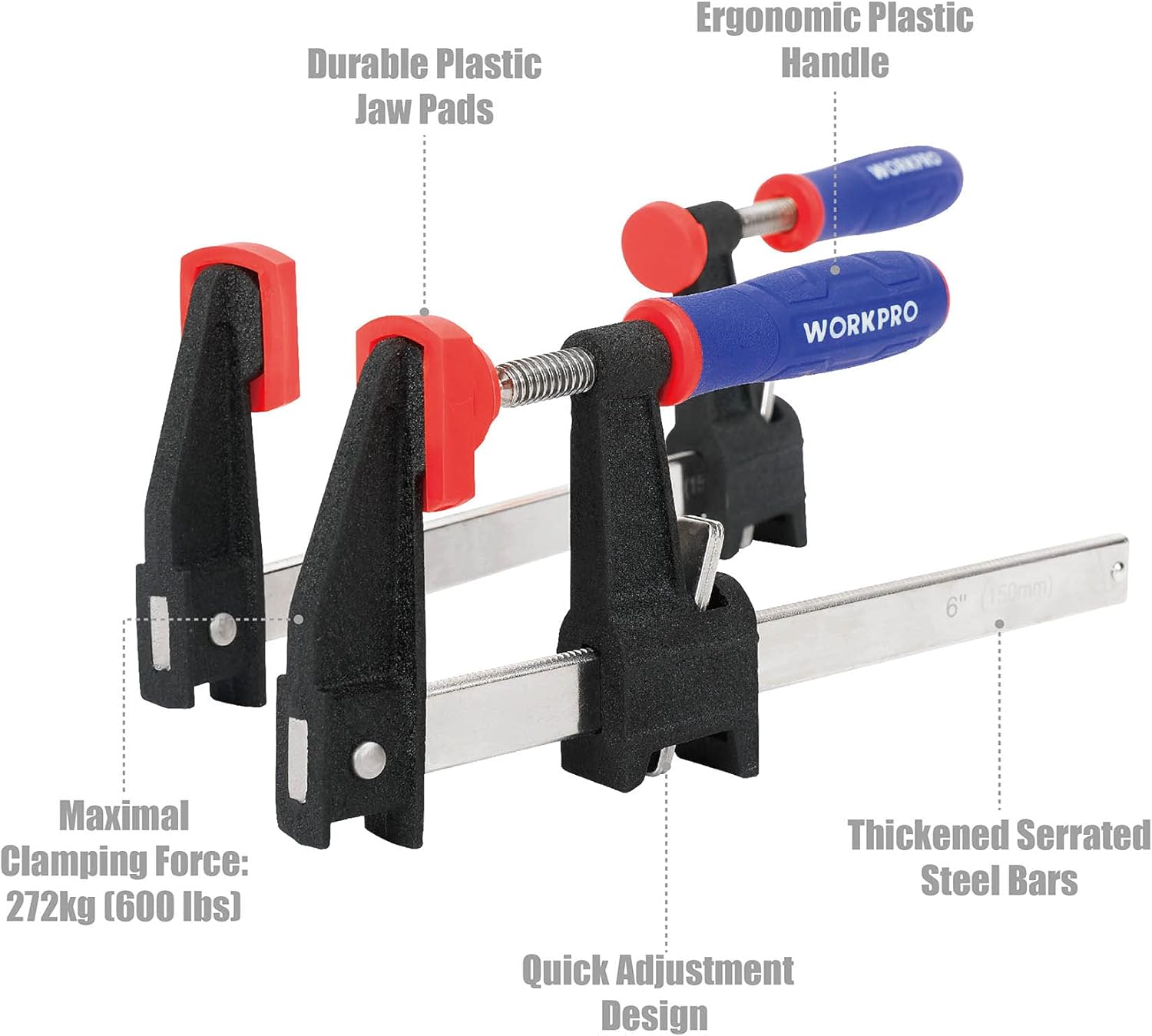 Quick-adjust bar clamps with ergonomic blue handles, red jaw pads, black steel body