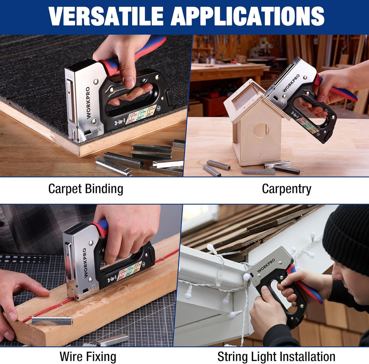 3-in-1 staple gun in use on wood and carpet surfaces for fastening tasks