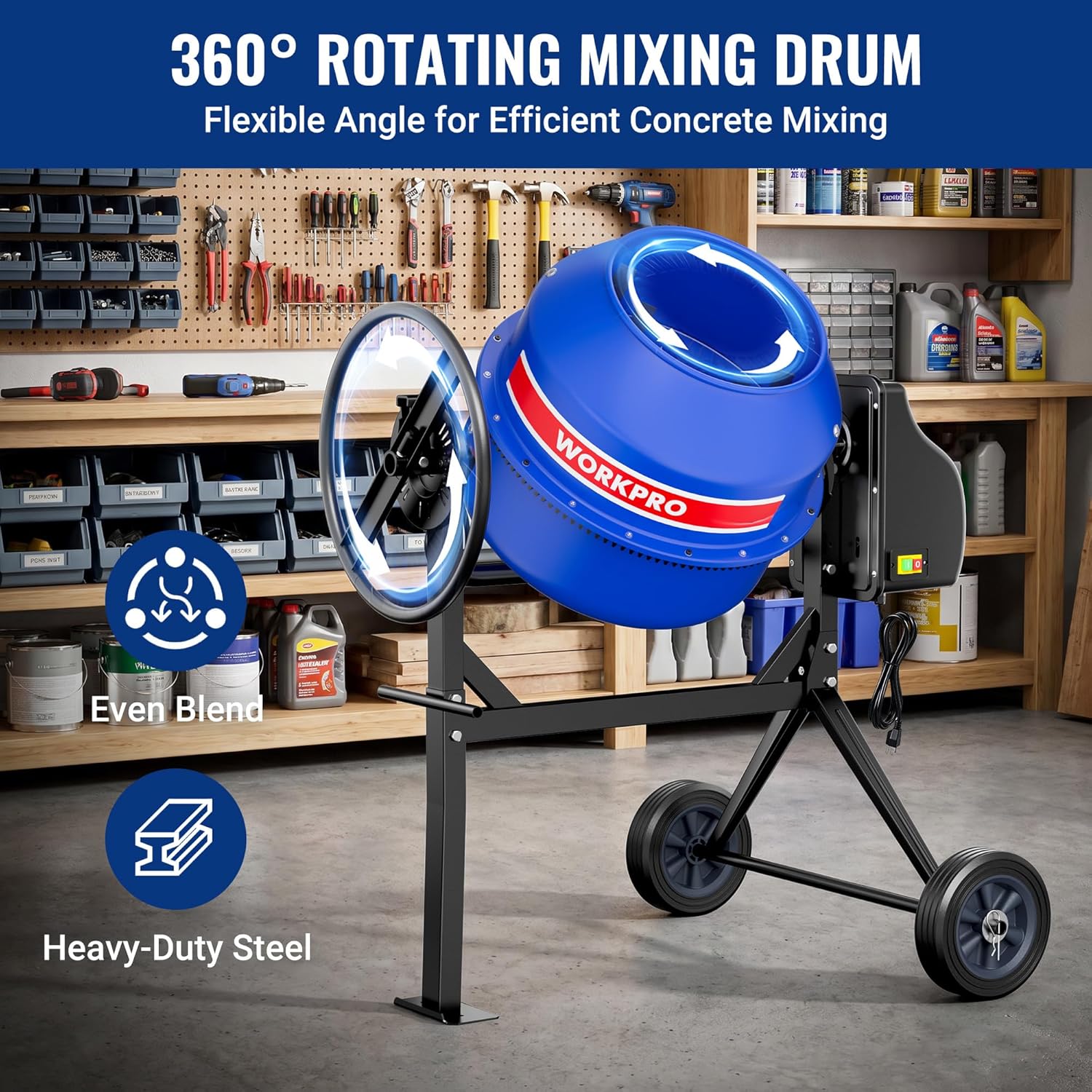 Portable cement mixer with tilting 360° blue drum on wheeled steel base