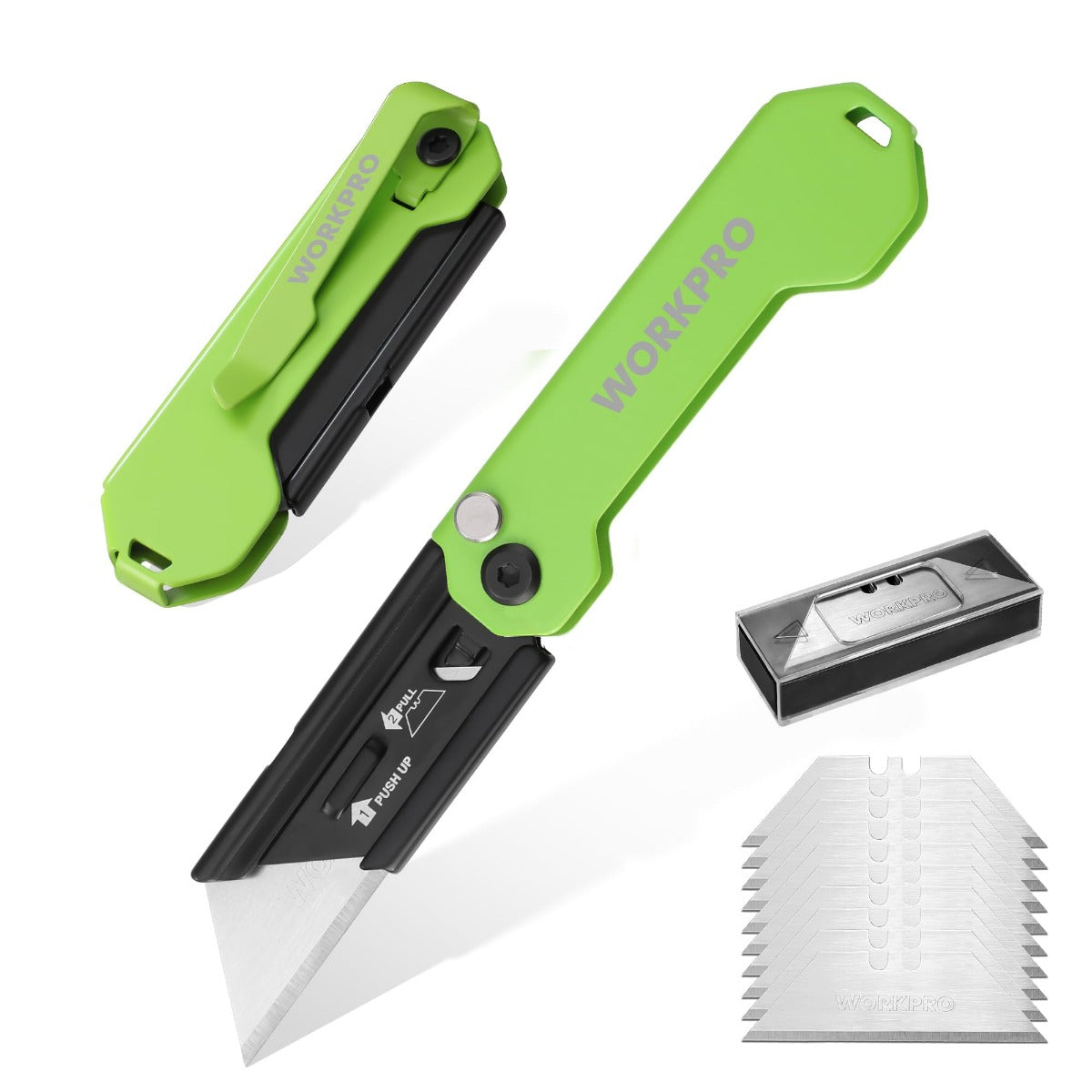 WORKPRO 2-piece folding utility knives, lime green handles and black blades