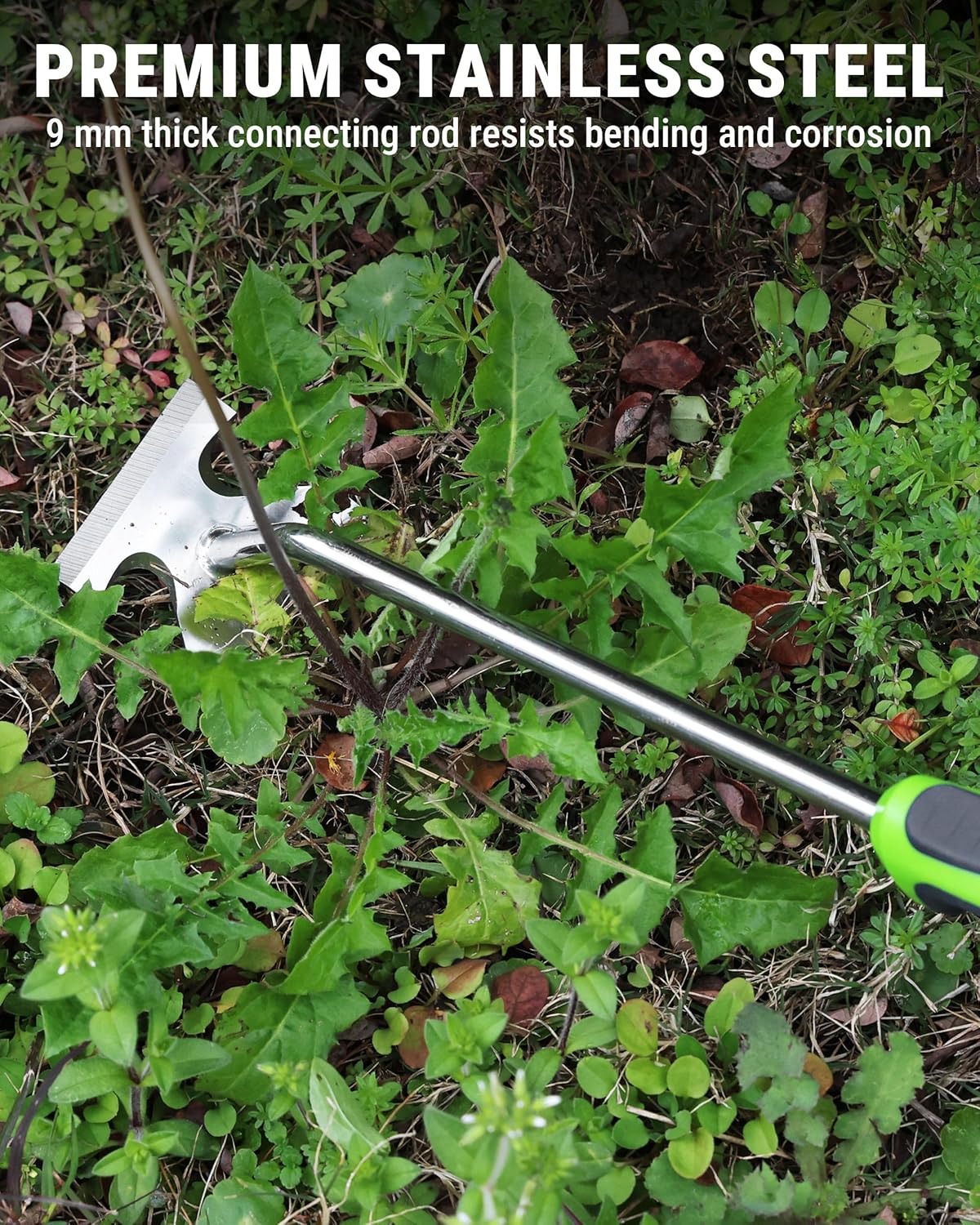 WORKPRO stainless steel weed puller with six tines and green-and-black soft grip handle.