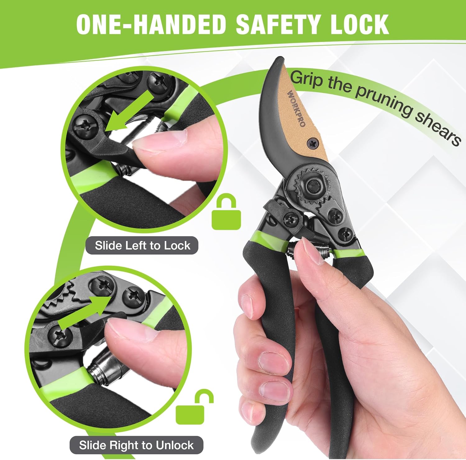 Bypass pruning shears featuring one-handed safety lock on black handles with green accents