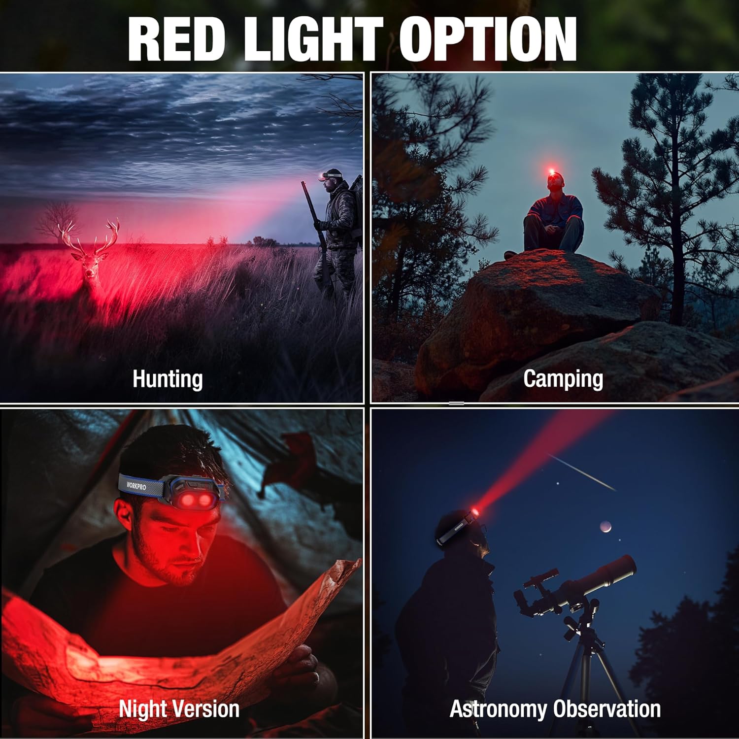 Headlamp with red LED light option, compact blue strap worn on the head.