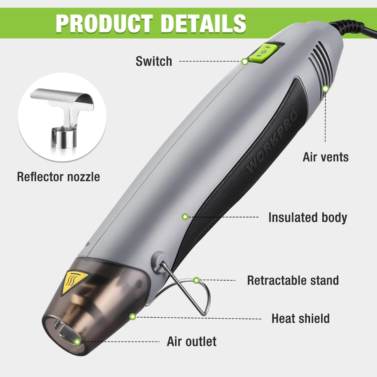Grey mini hot air gun with reflector nozzle, insulated body, and retractable stand