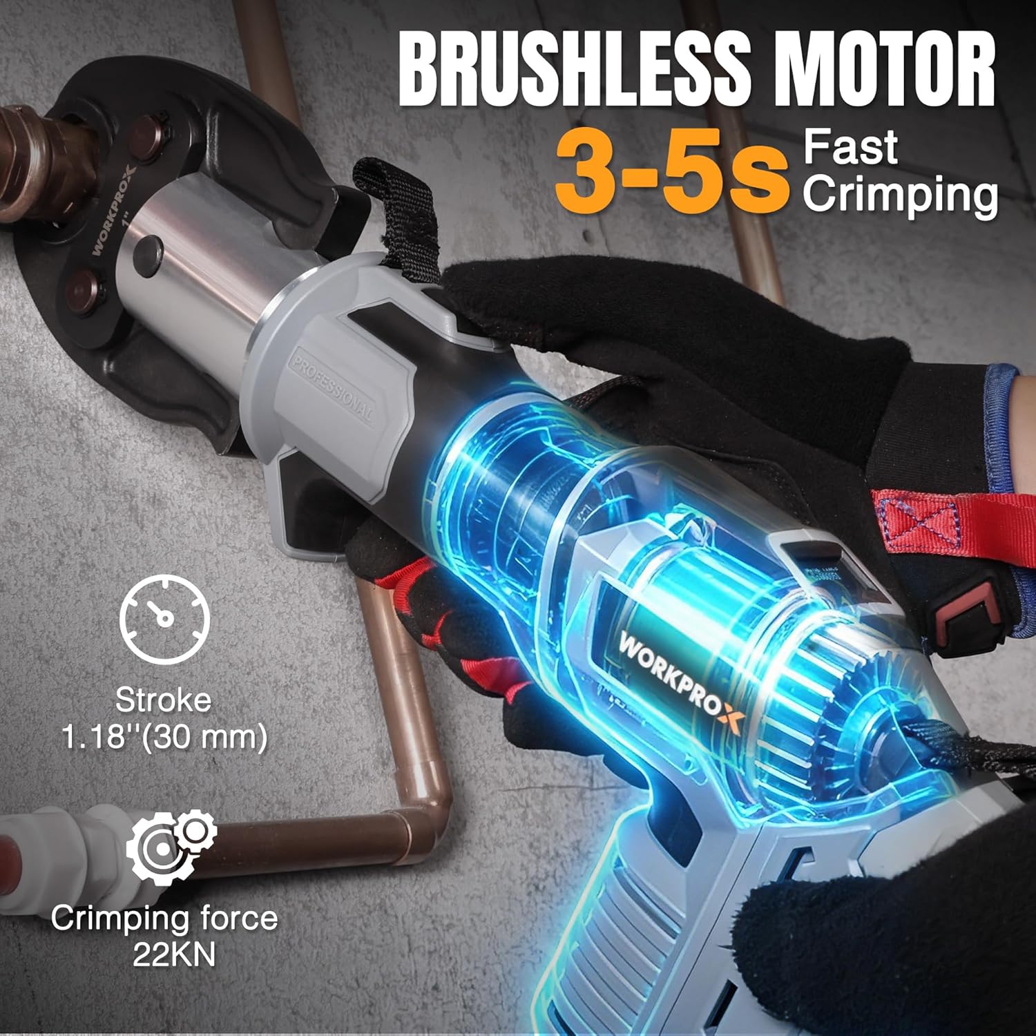 Cordless 20V pipe crimping press tool with blue LED light and black handle