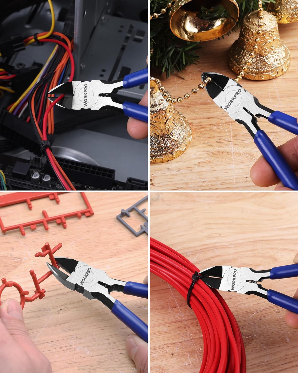 Flush cutters with blue handles trimming wires and cutting small jewelry links