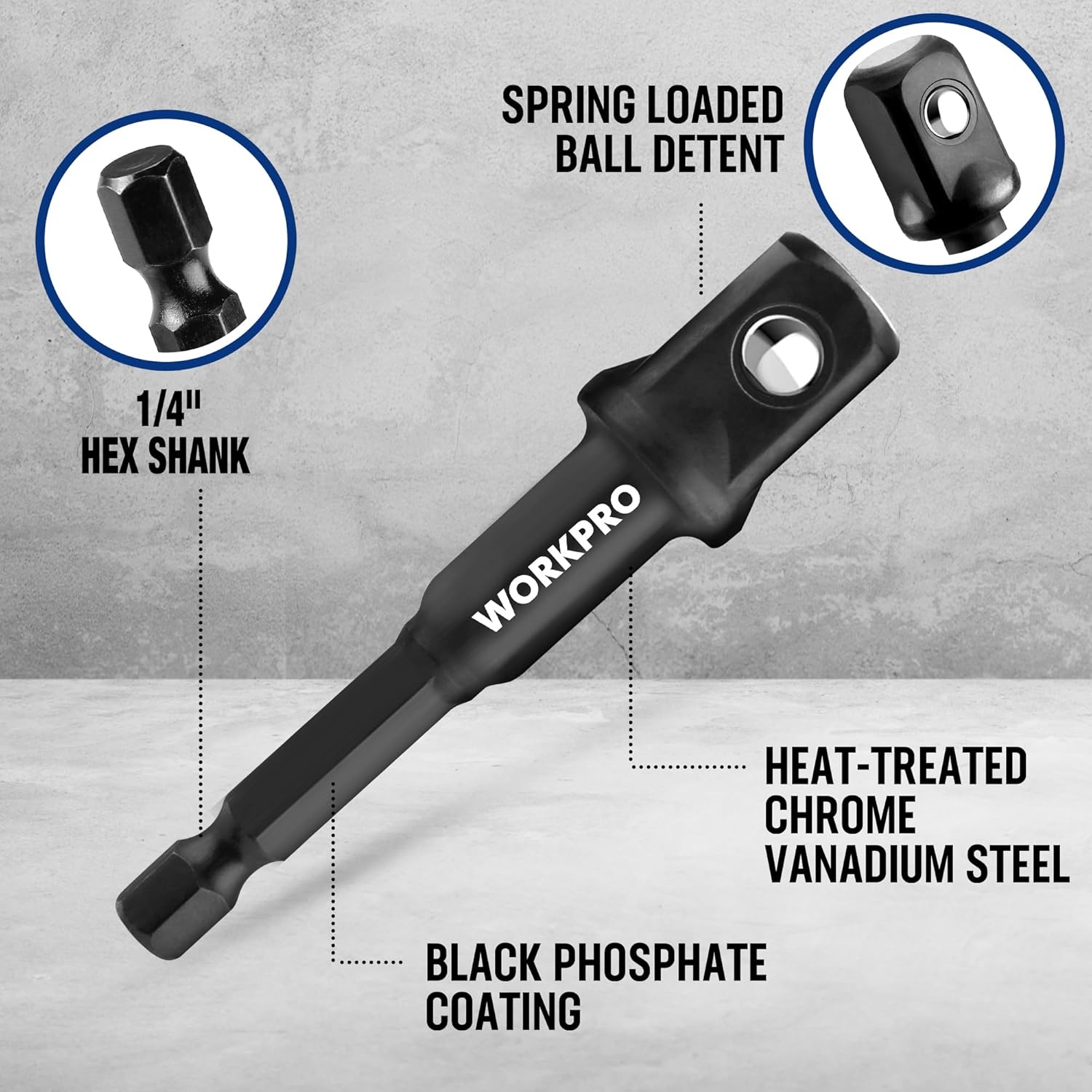Black hex shank socket adapter with spring-loaded ball detent, black phosphate coating