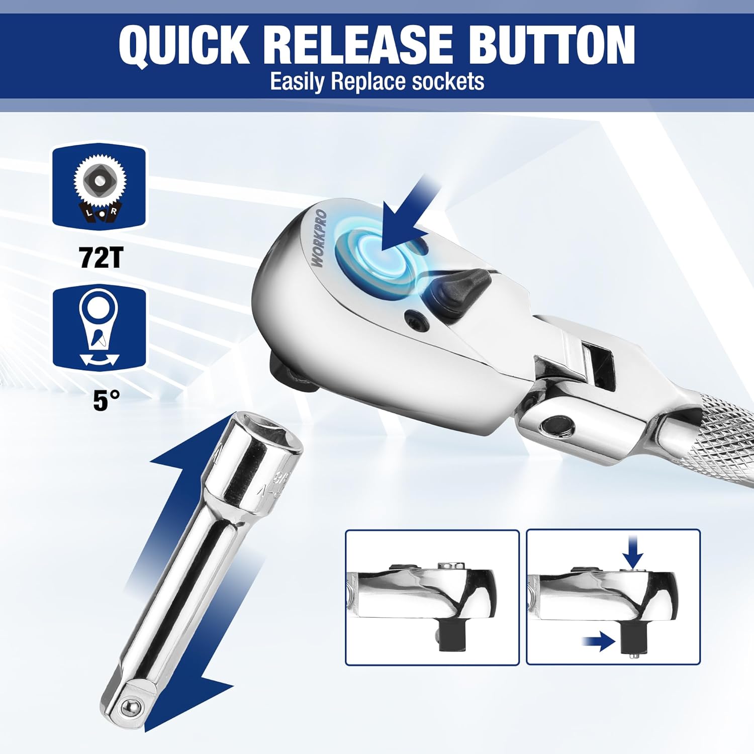 Ratchet driver with quick-release button for swapping socket heads