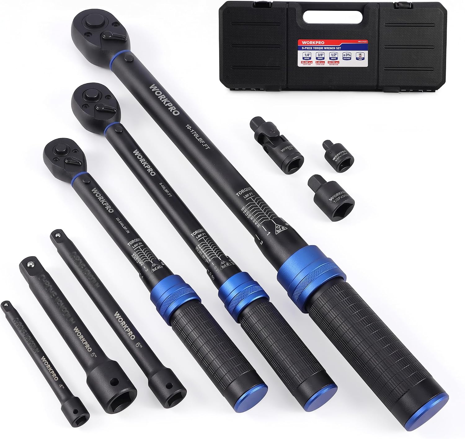 WORKPRO 9PCS Click Torque Wrench Set, 1/4" 3/8" 1/2" Drive, ±3% Accuracy