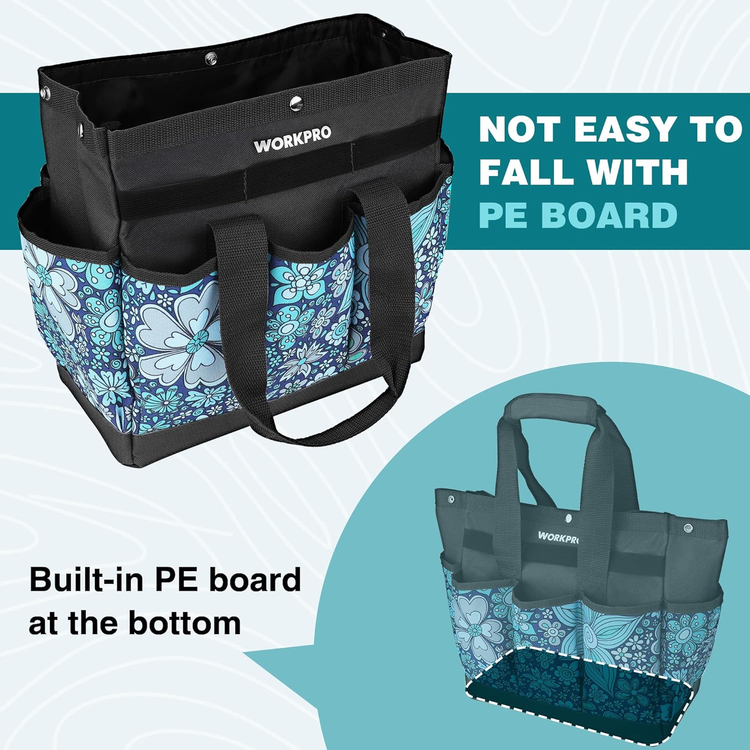 Floral blue garden tool tote bag with sturdy bottom board and wide shoulder straps