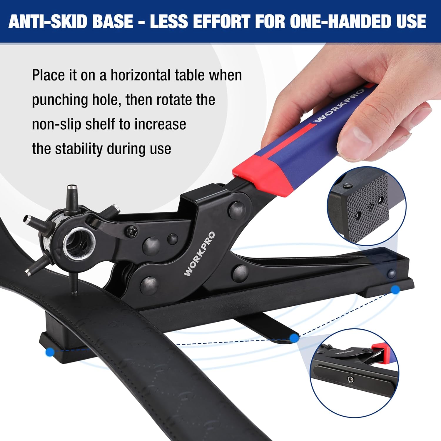 WORKPRO leather puncher with anti-skid base and one-handed rotary handle
