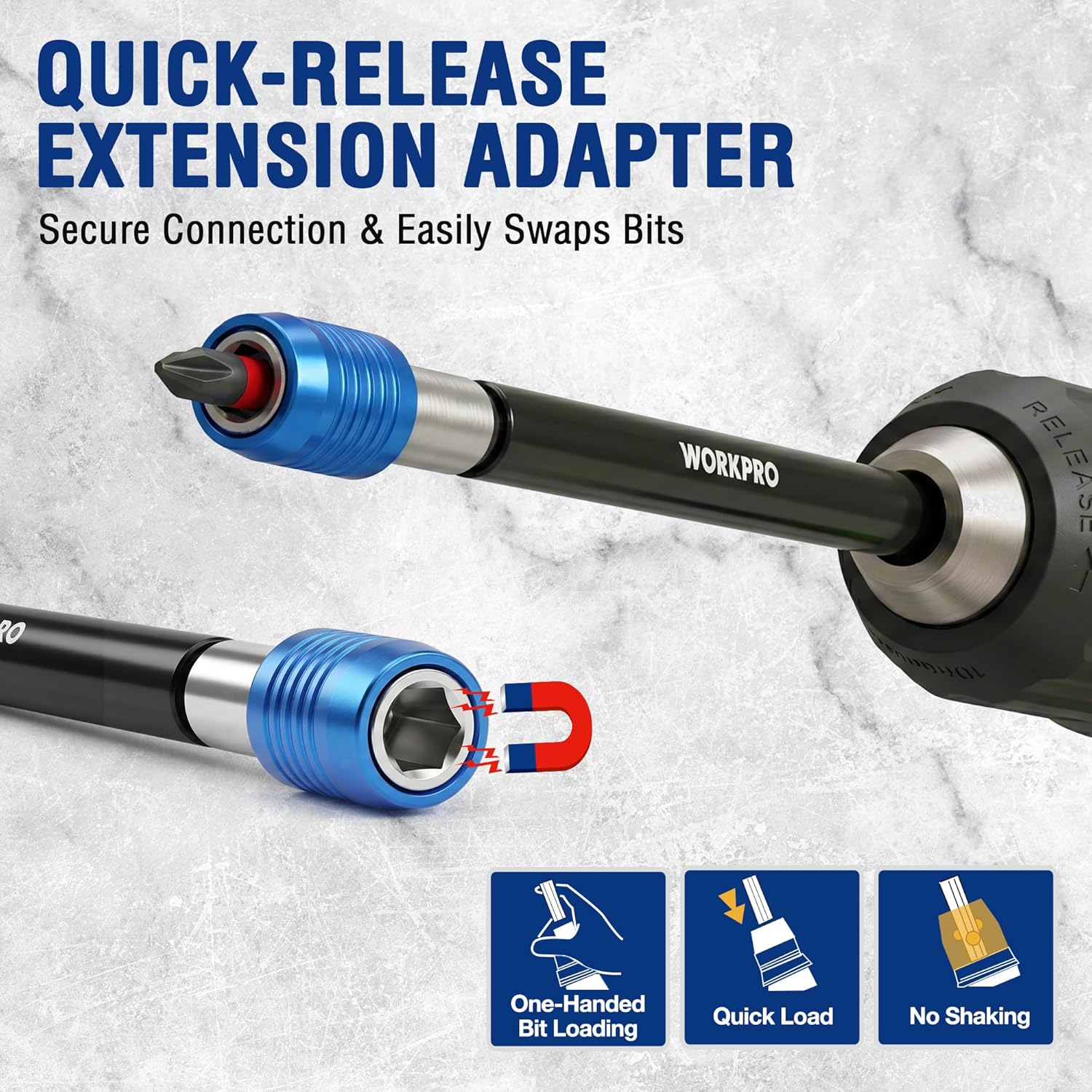 Quick-release extension adapter with blue locking rings for easy bit swaps