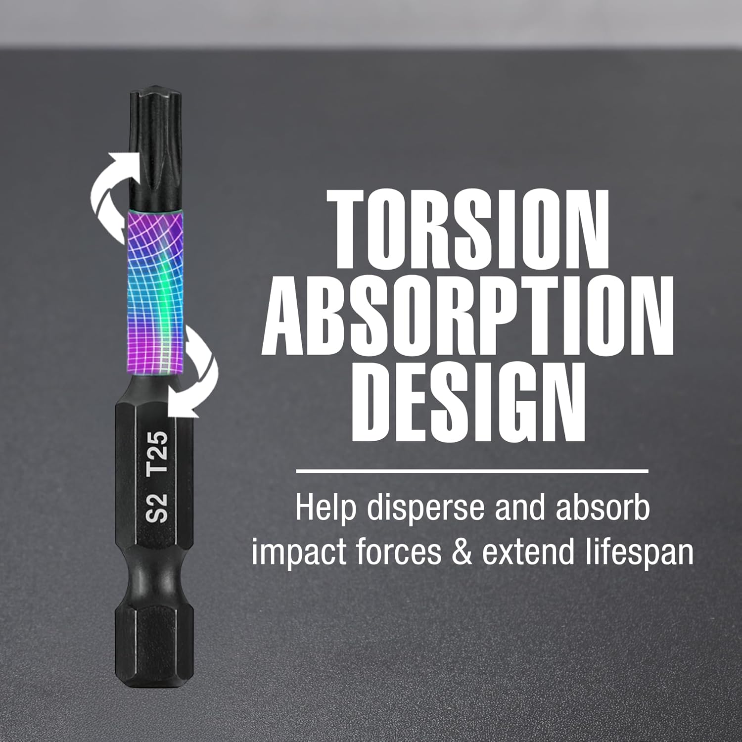 T25 Torx impact bit with black tip and green grip, torsion absorption design