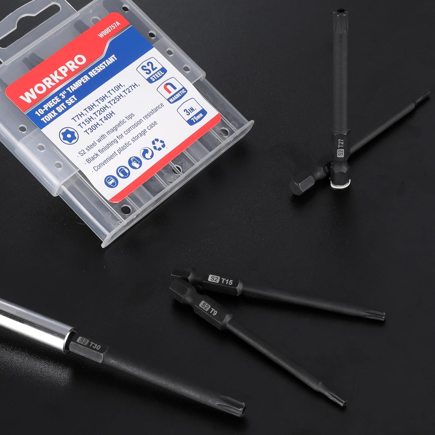 WORKPRO 10-piece tamper-resistant Torx bit set in storage case with loose bits