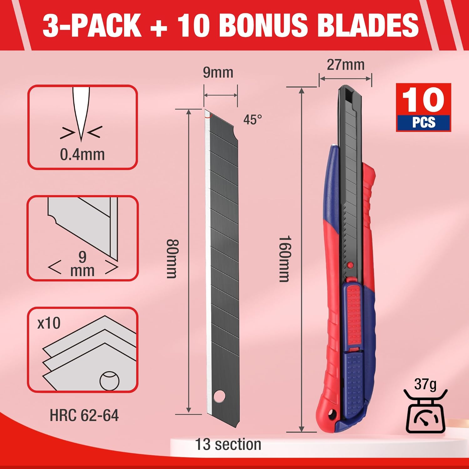 Retractable safety utility knife and 9mm snap-off replacement blades, pack of 10