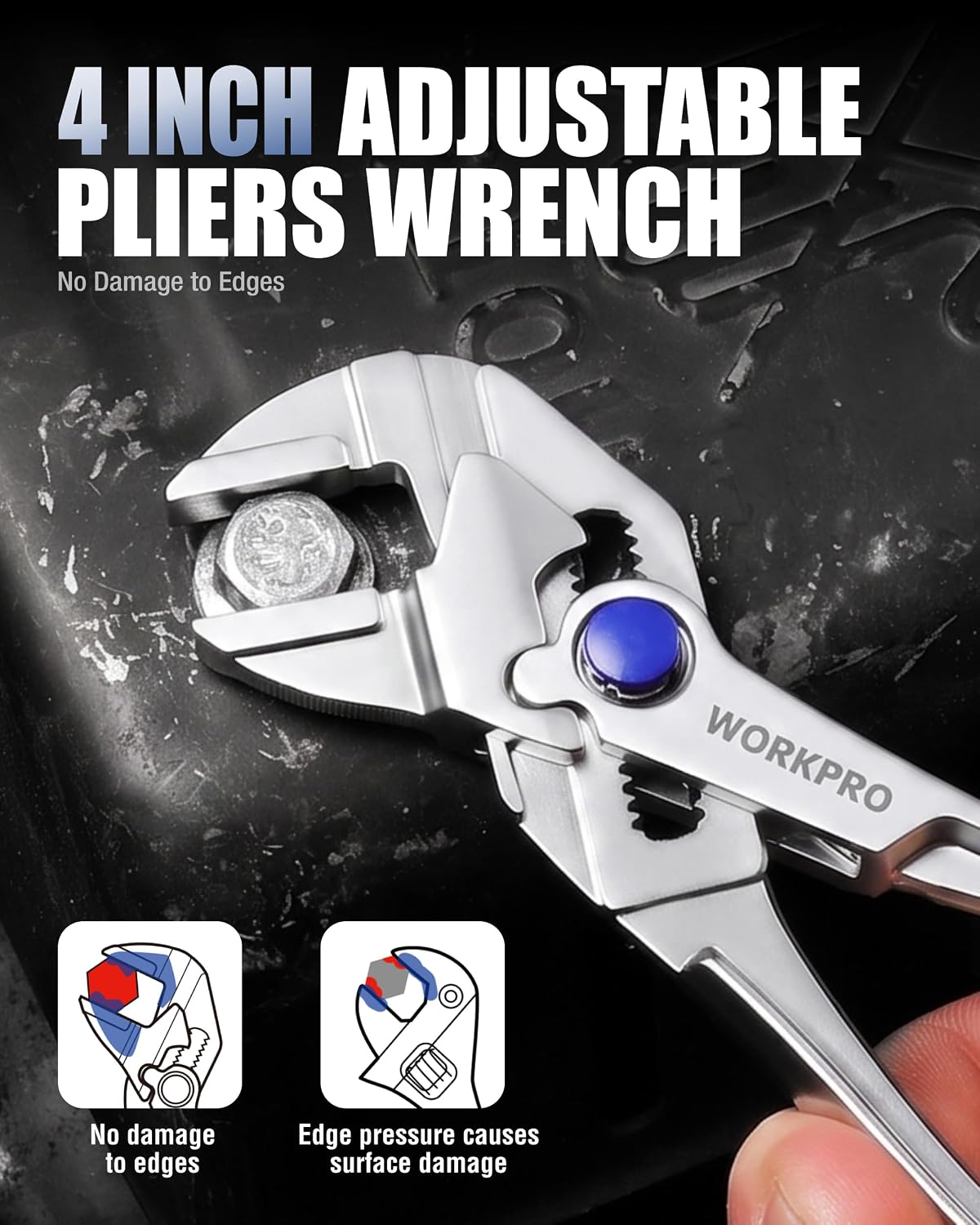 4-inch adjustable pliers wrench with blue thumb control and serrated jaw grips