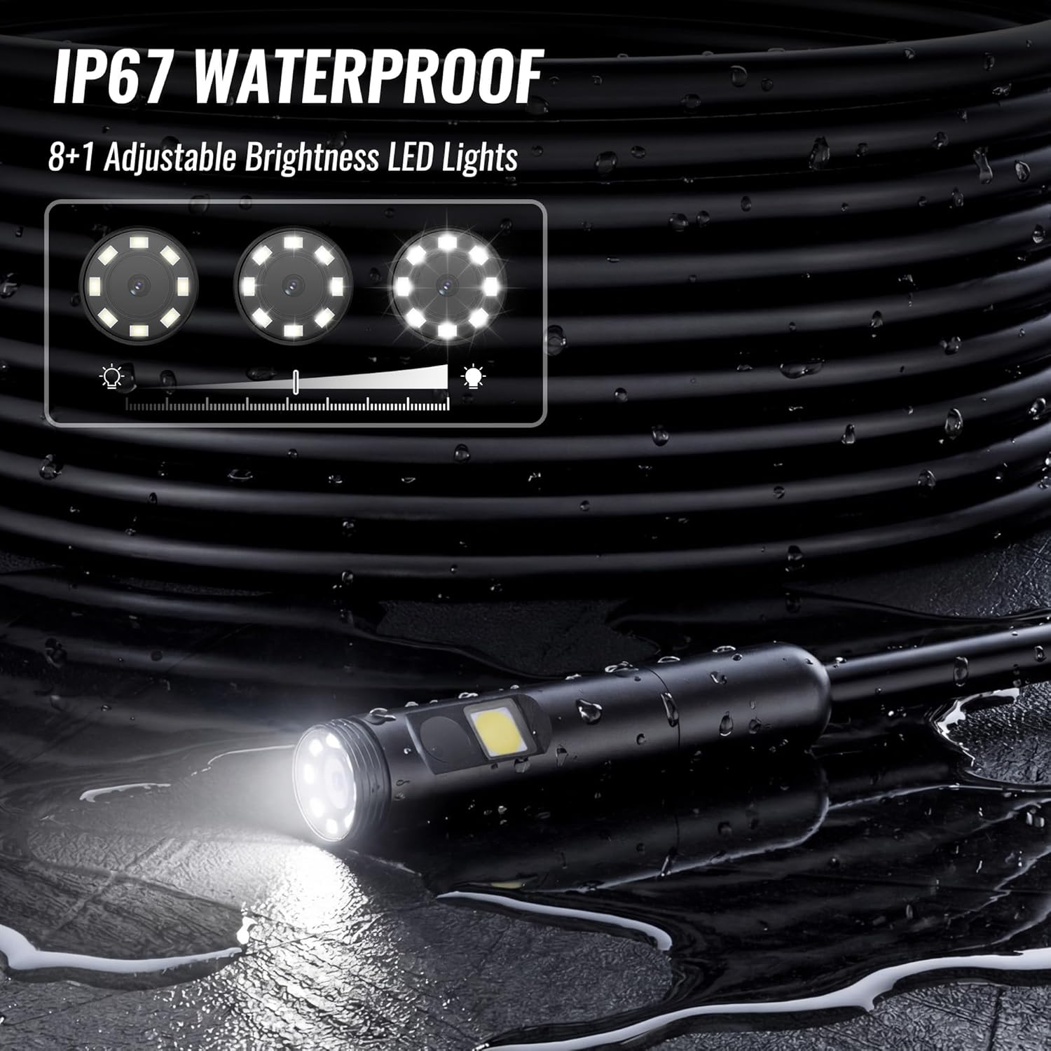 Waterproof endoscope camera with bright LED lights on flexible cable in water