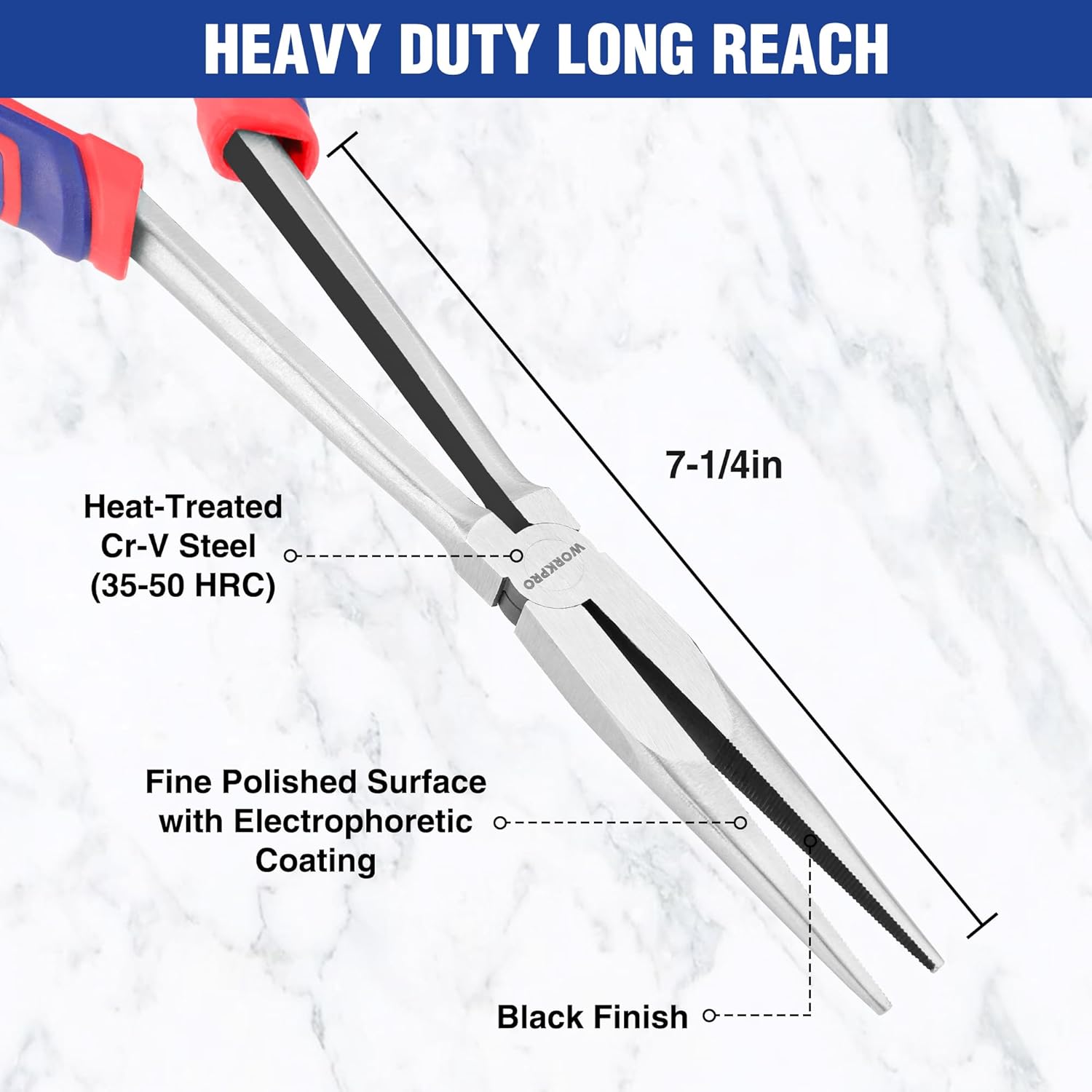 Long reach needle nose pliers with fine polished steel and black finish