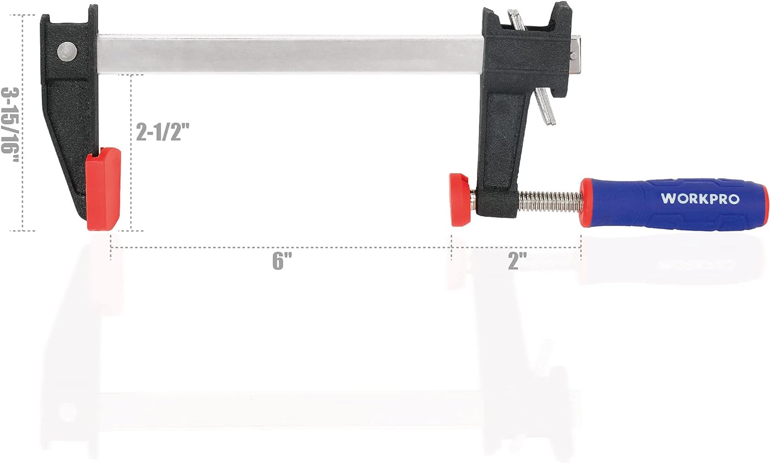 6-inch steel bar clamp set with black jaws, red release buttons, blue handles