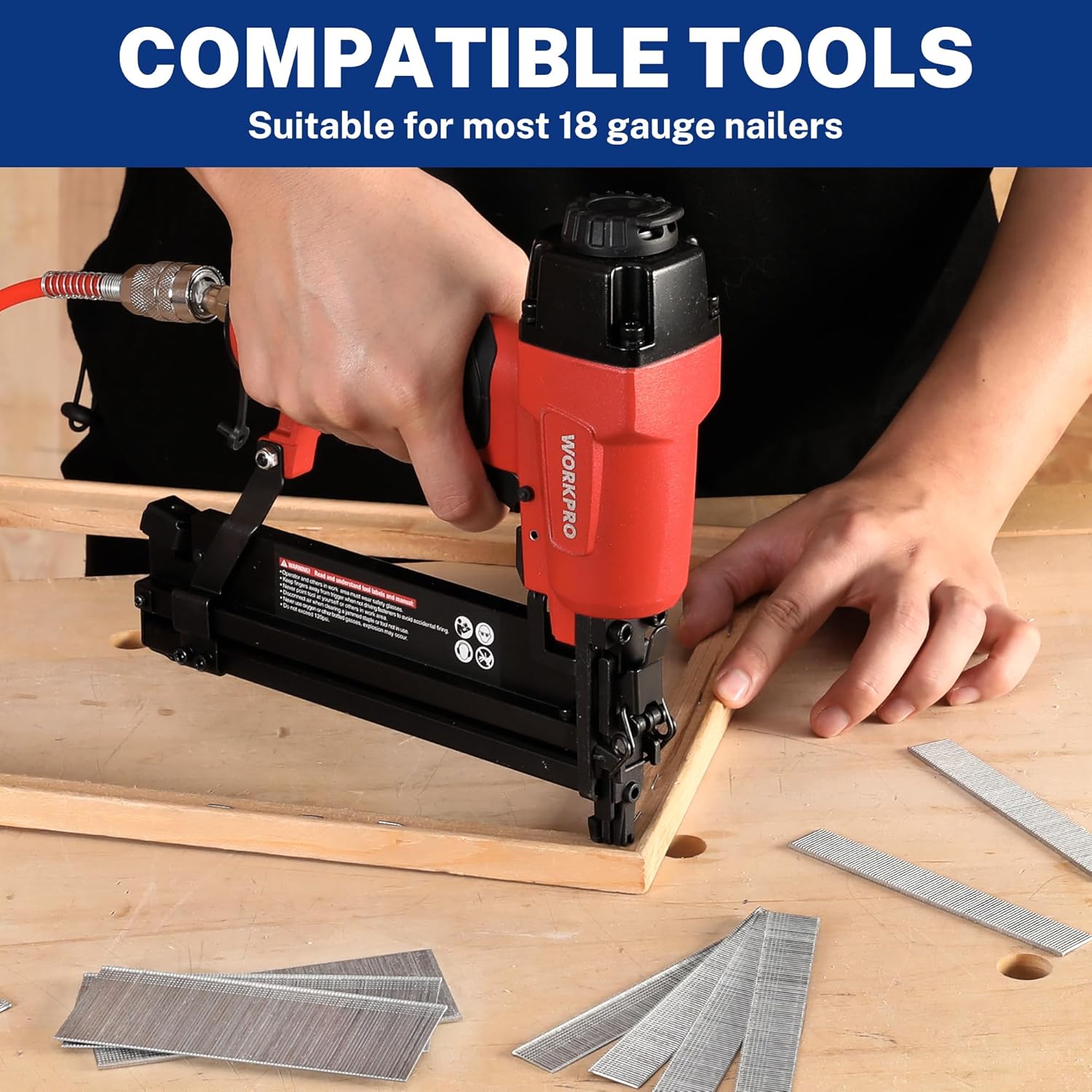 18-gauge brad nails loaded in a nail gun for fastening wood