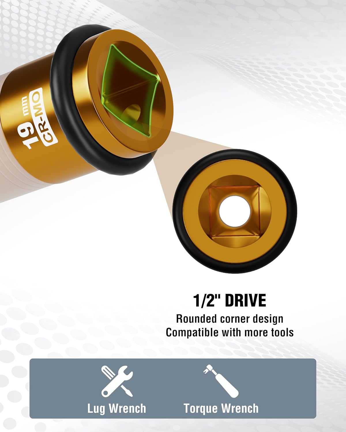 1/2 in drive 19mm thin-wall lug nut socket with rounded corner design