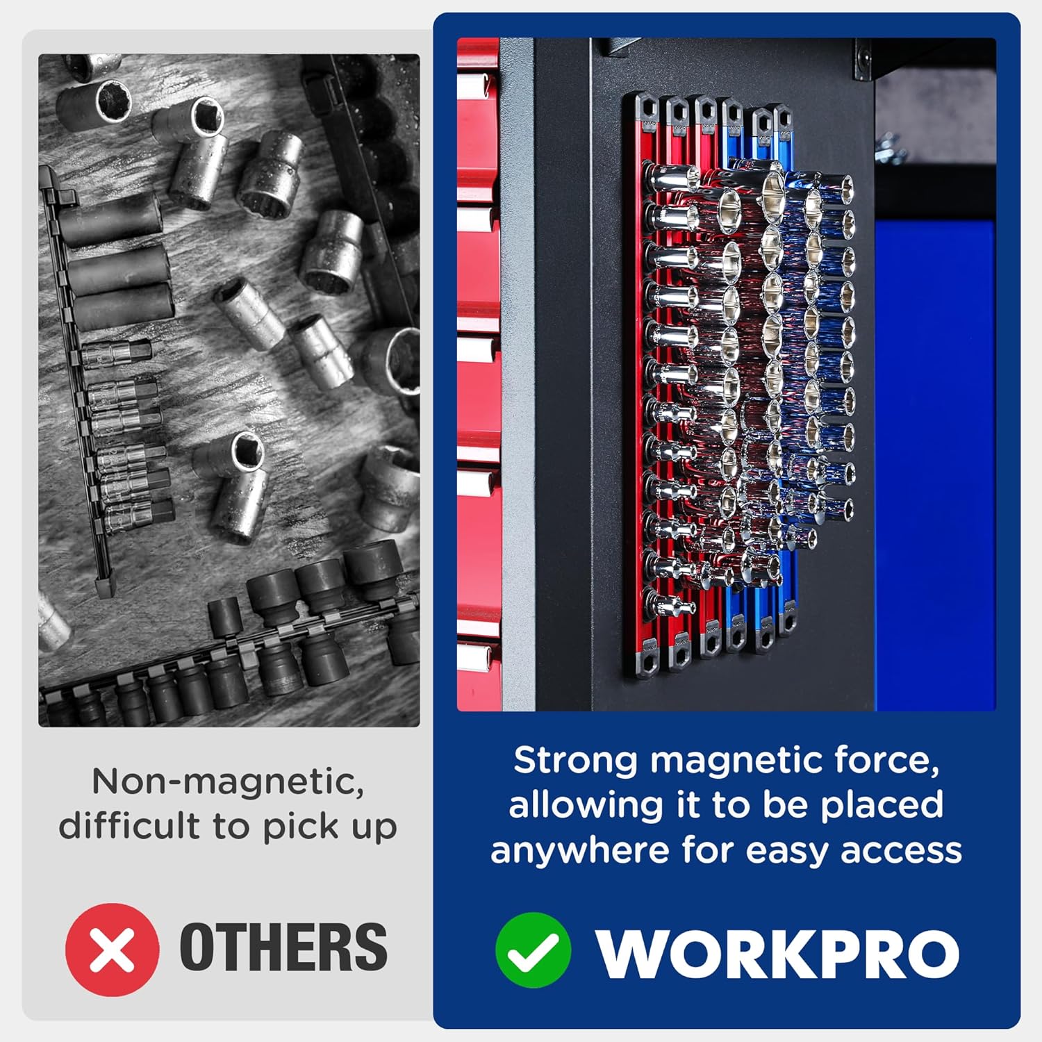 Socket holder rails with magnetic clips: blue and red bars with socket sockets