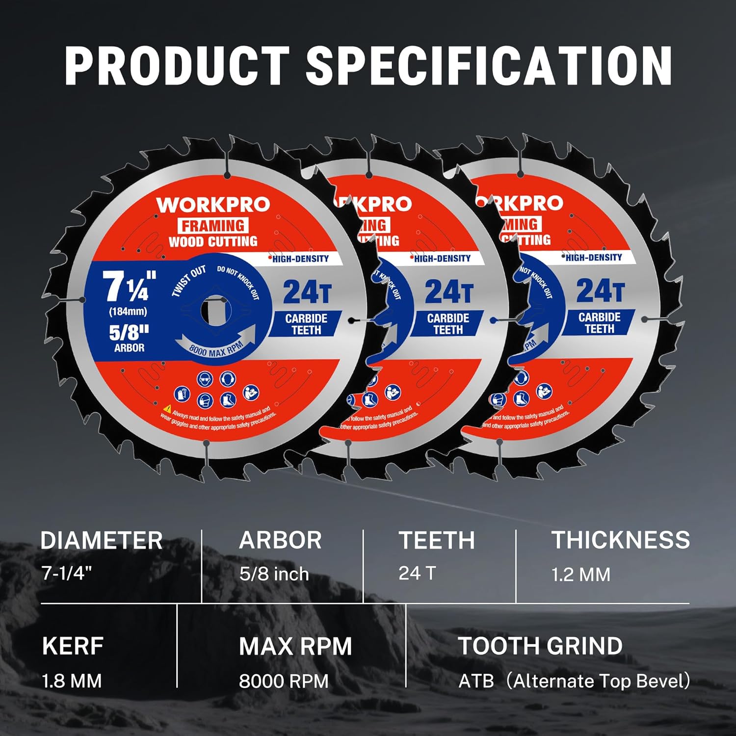 WORKPRO framing circular saw blades shown with 7-1/4 in, 24T carbide ATB