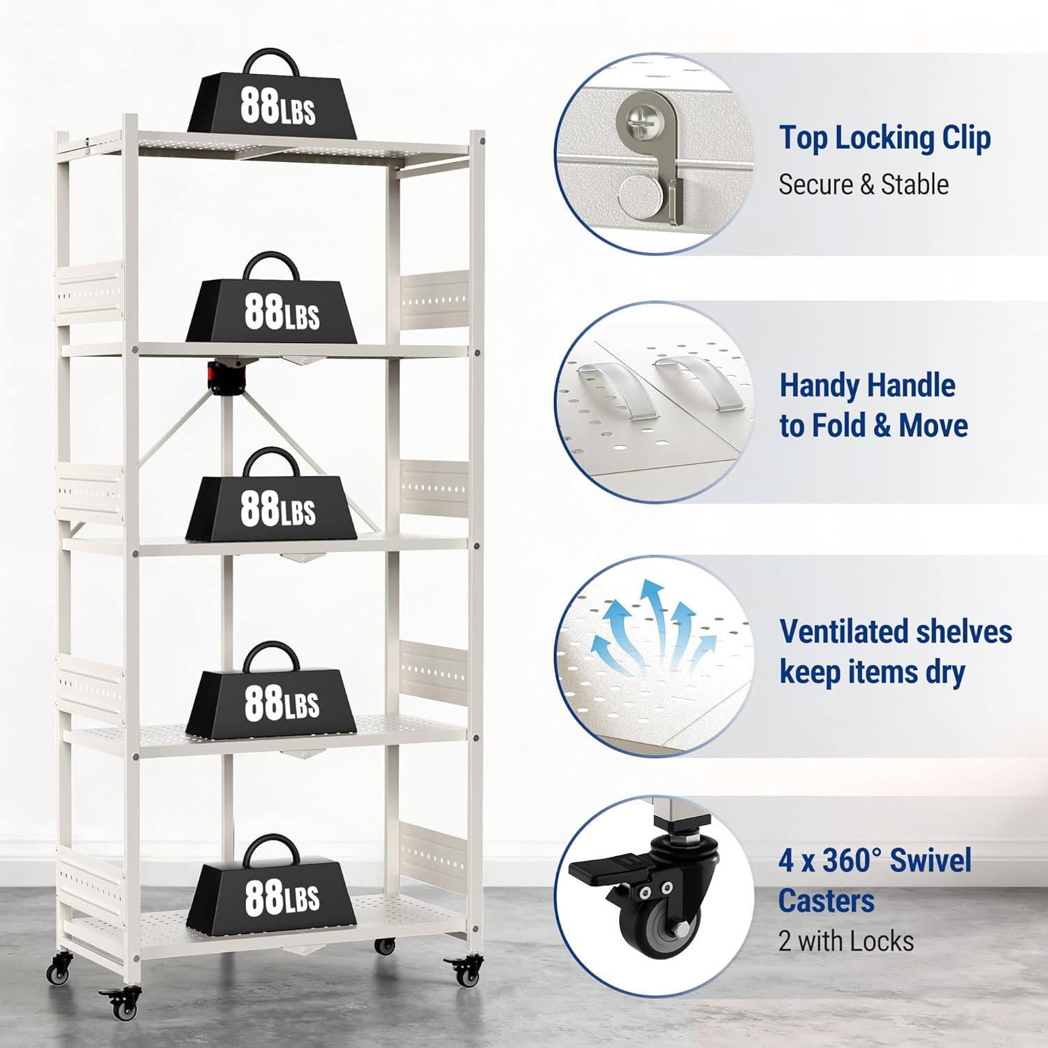 White 5-tier folding storage rack with locking clips and swiveling casters on wheels.