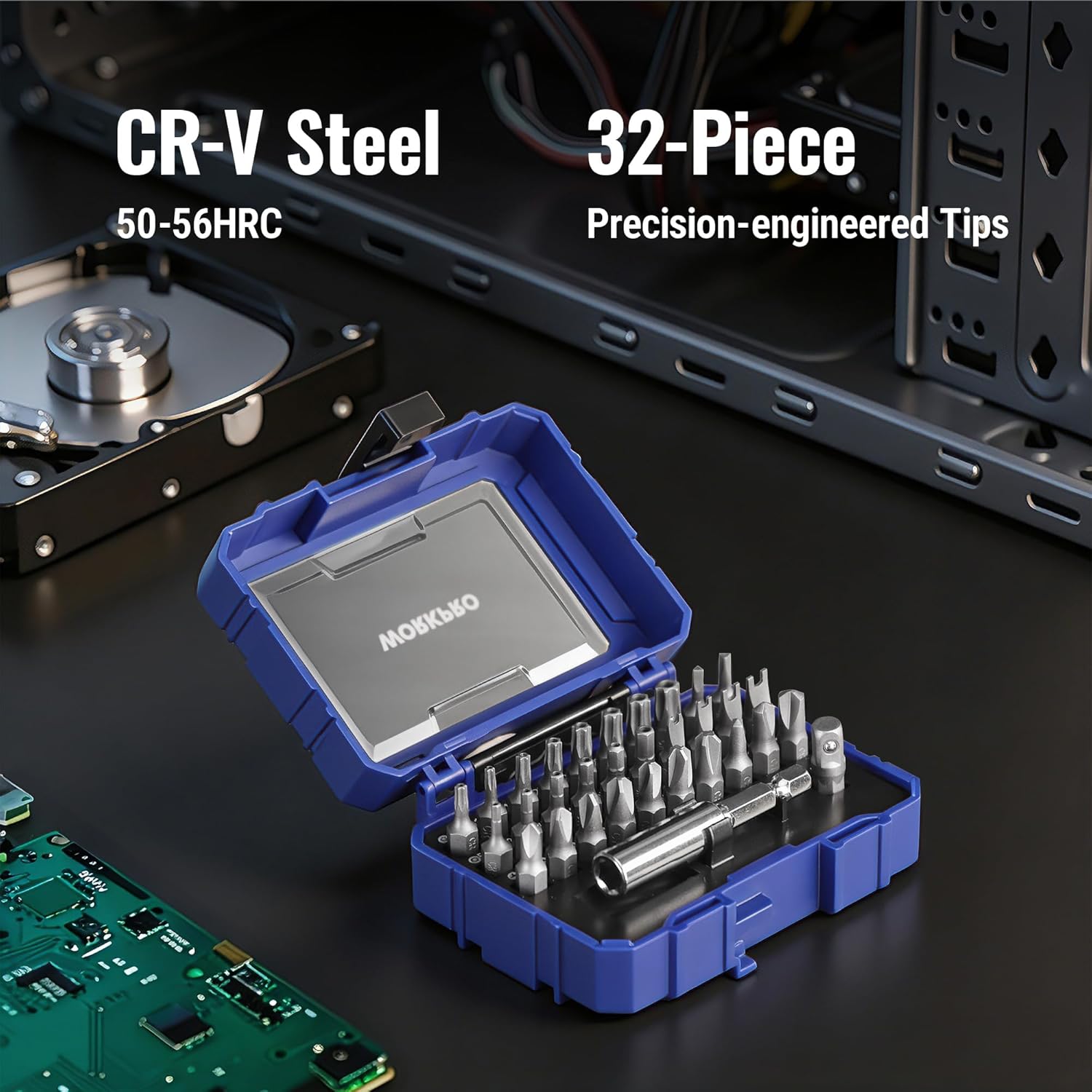 CR-V steel tamper-proof screwdriver bits in a blue case with metal bits and holder