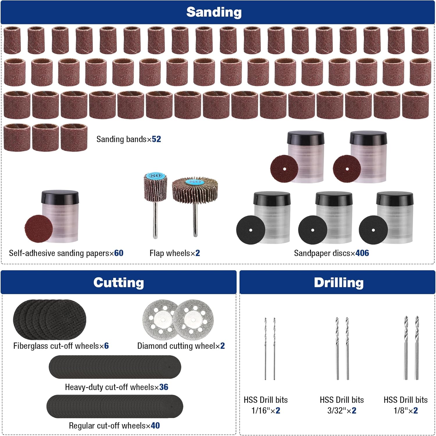 Assorted sanding bands, flap wheels, cutoff wheels and drill bits for a rotary tool kit