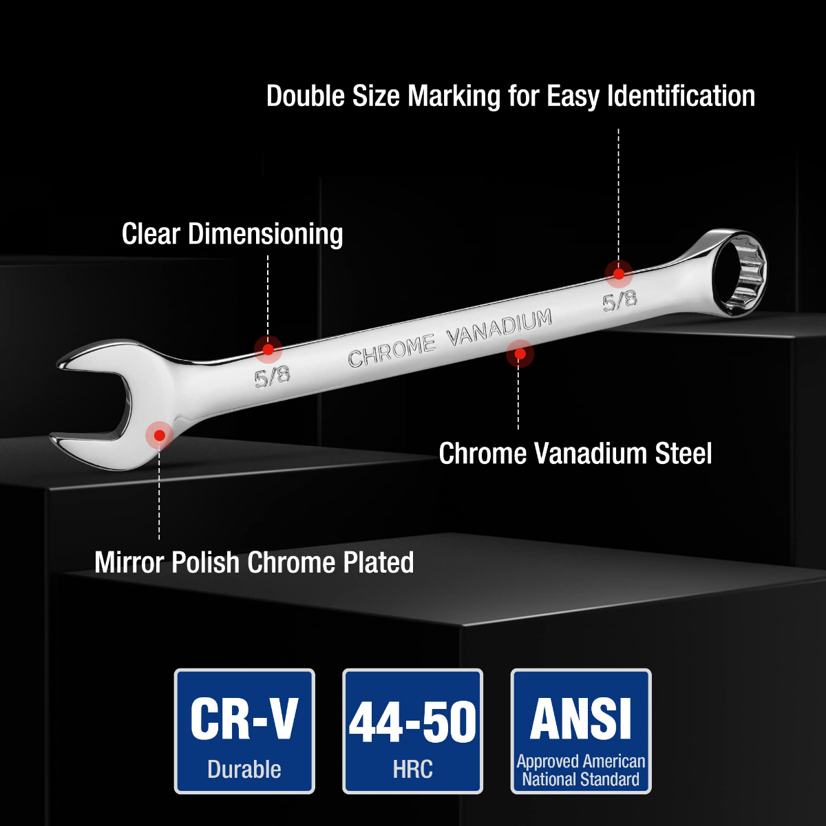 Chrome vanadium steel wrench with clear size markings and CR-V durability labels