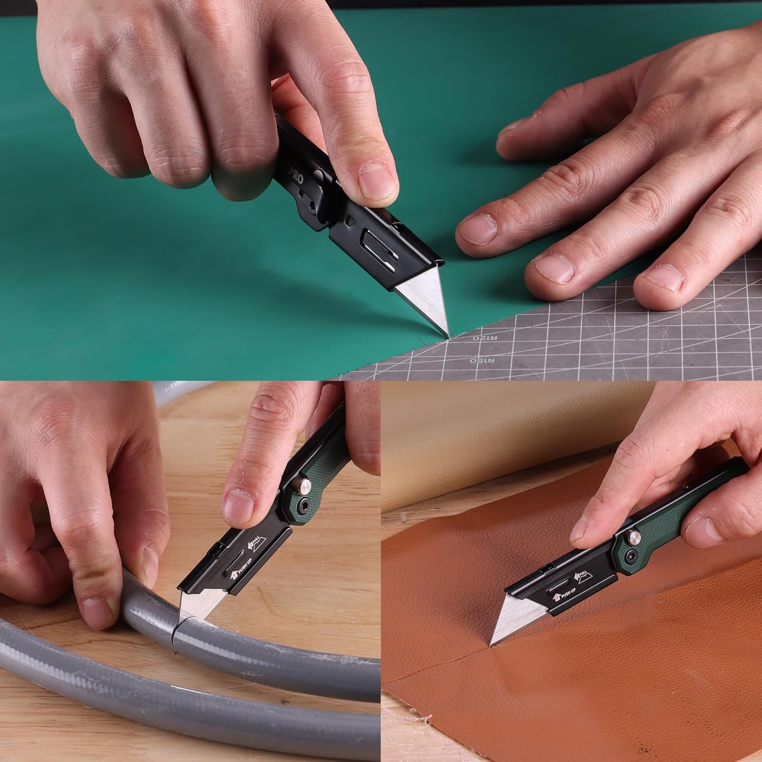 WORKPRO folding utility knife cutting cardboard on a work surface