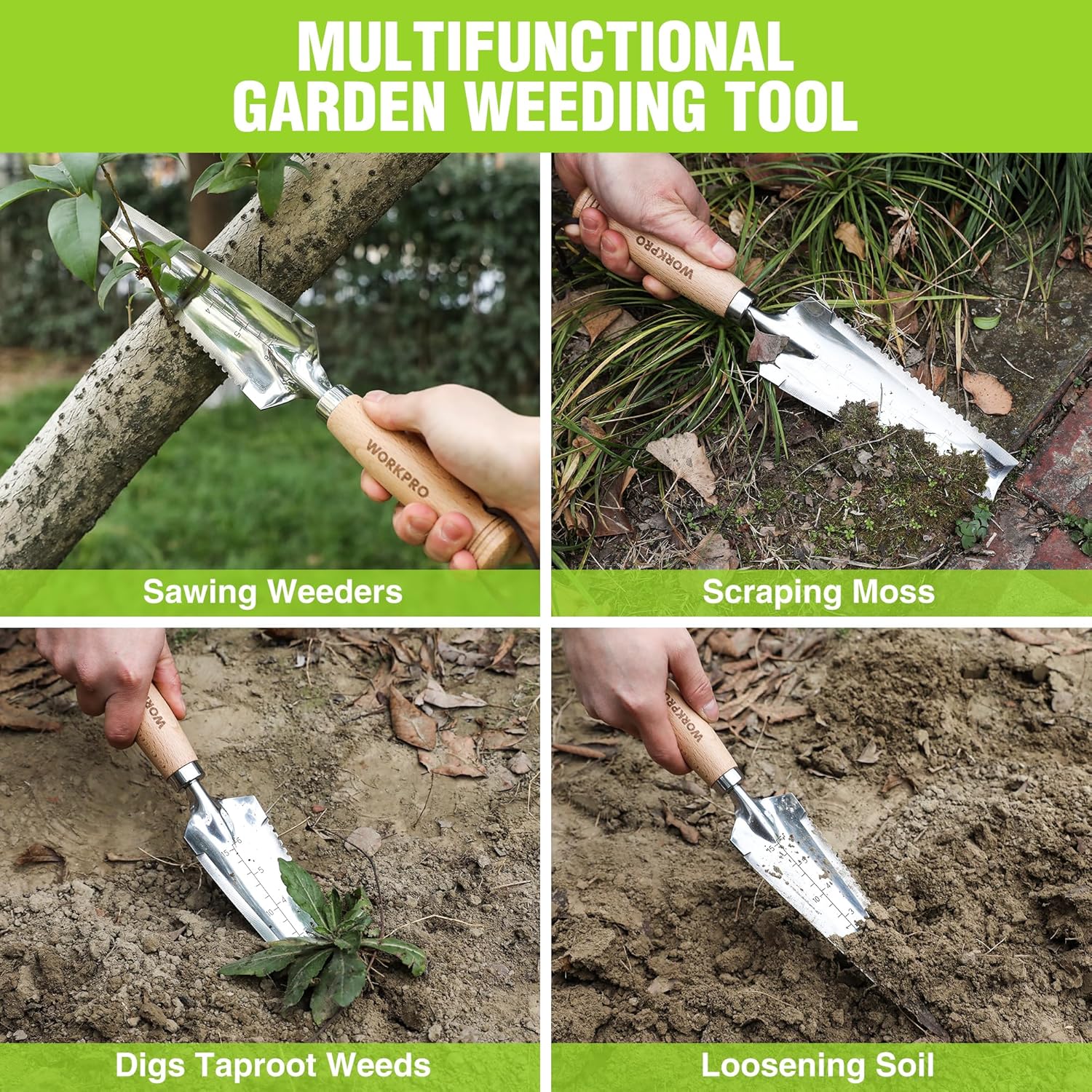 Multifunction garden weeding tool with wood handle and stainless steel scraping blade