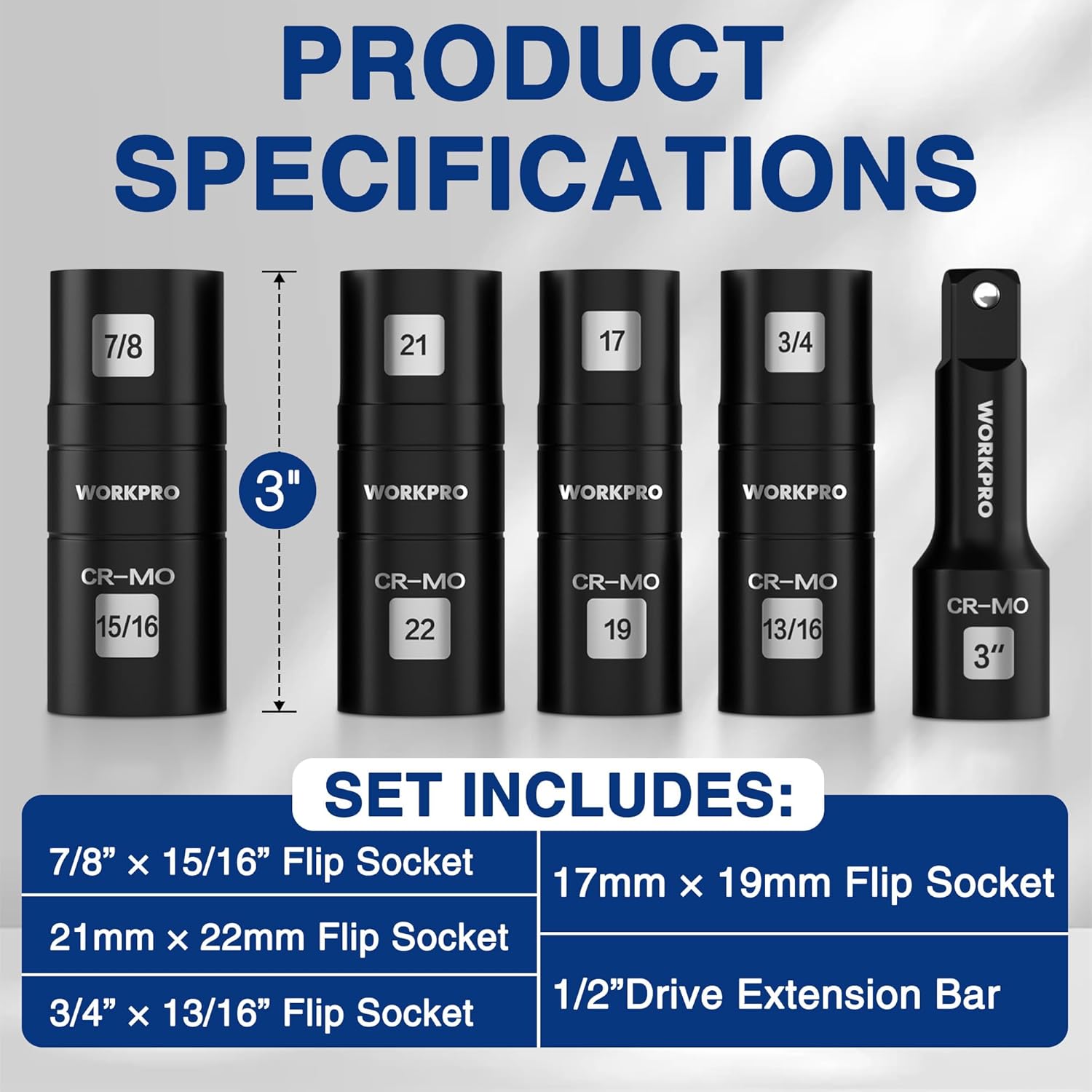 Black CR-Mo flip socket set with 1/2-in drive extension bar, 6 metric/SAE sockets