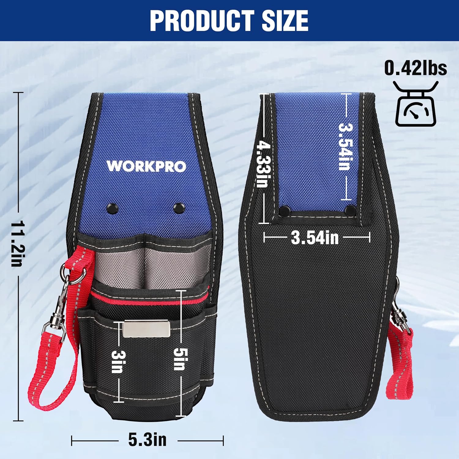 Blue and black tool holster pouch with taped measuring holder and compact size