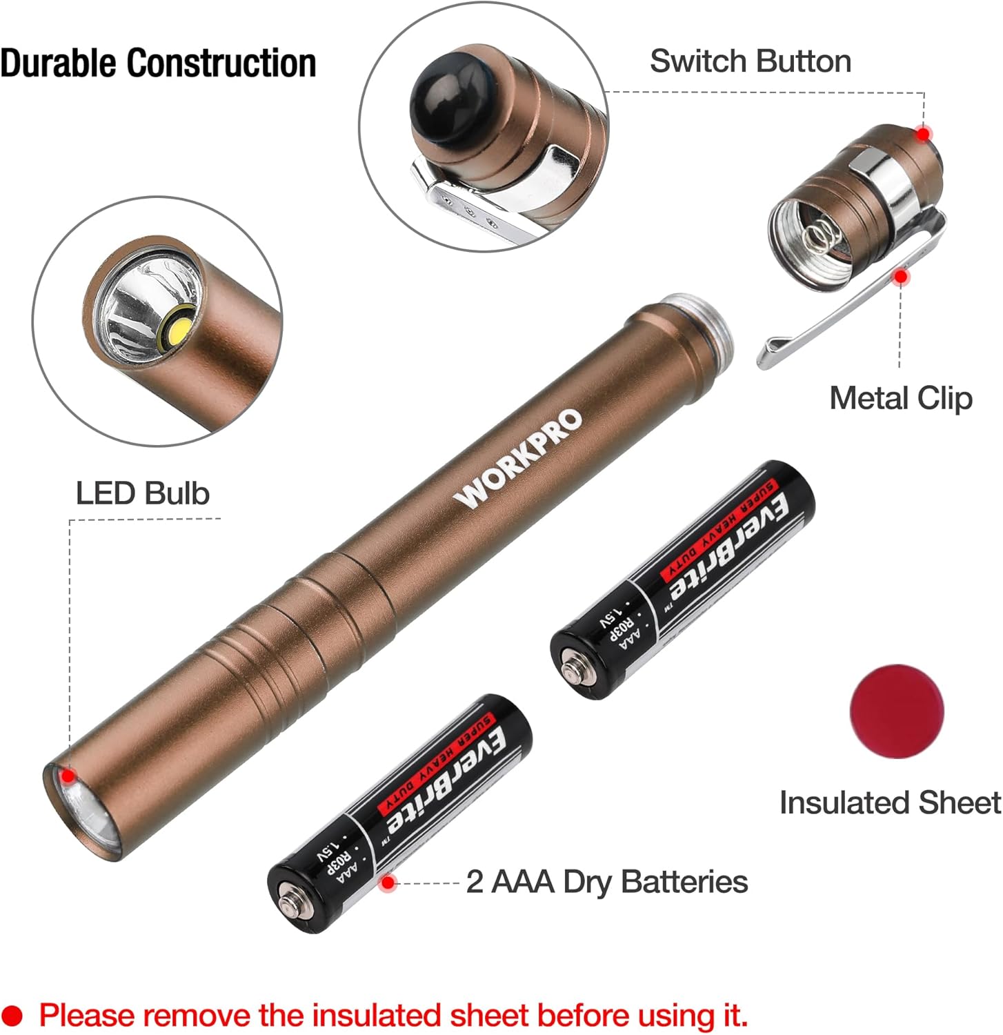 Brown aluminum LED pen light with pocket clip and 2 AAA battery slots