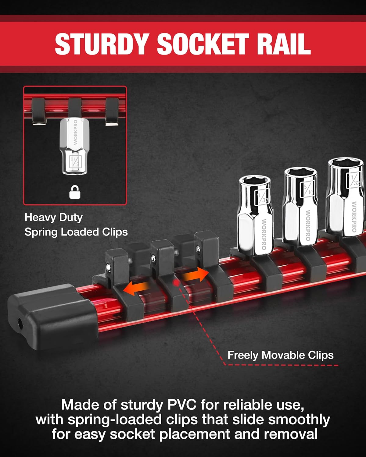 Sturdy PVC socket rail with spring-loaded clips and several chrome sockets