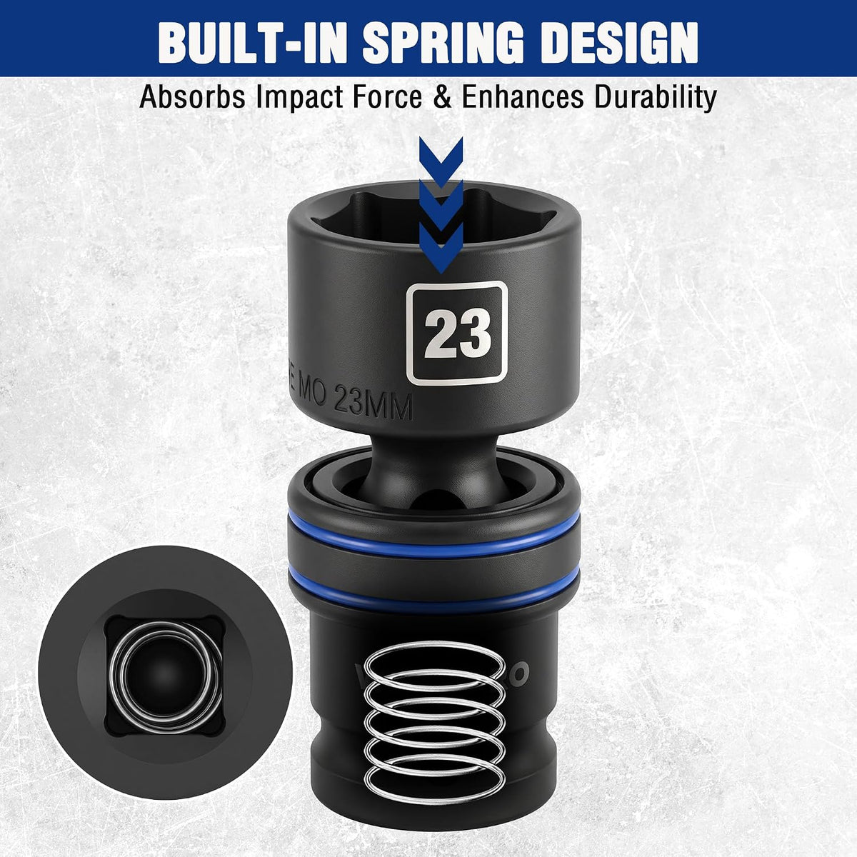 Workpro impact swivel socket set in black with built-in spring design and durable CR-MO steel construction.