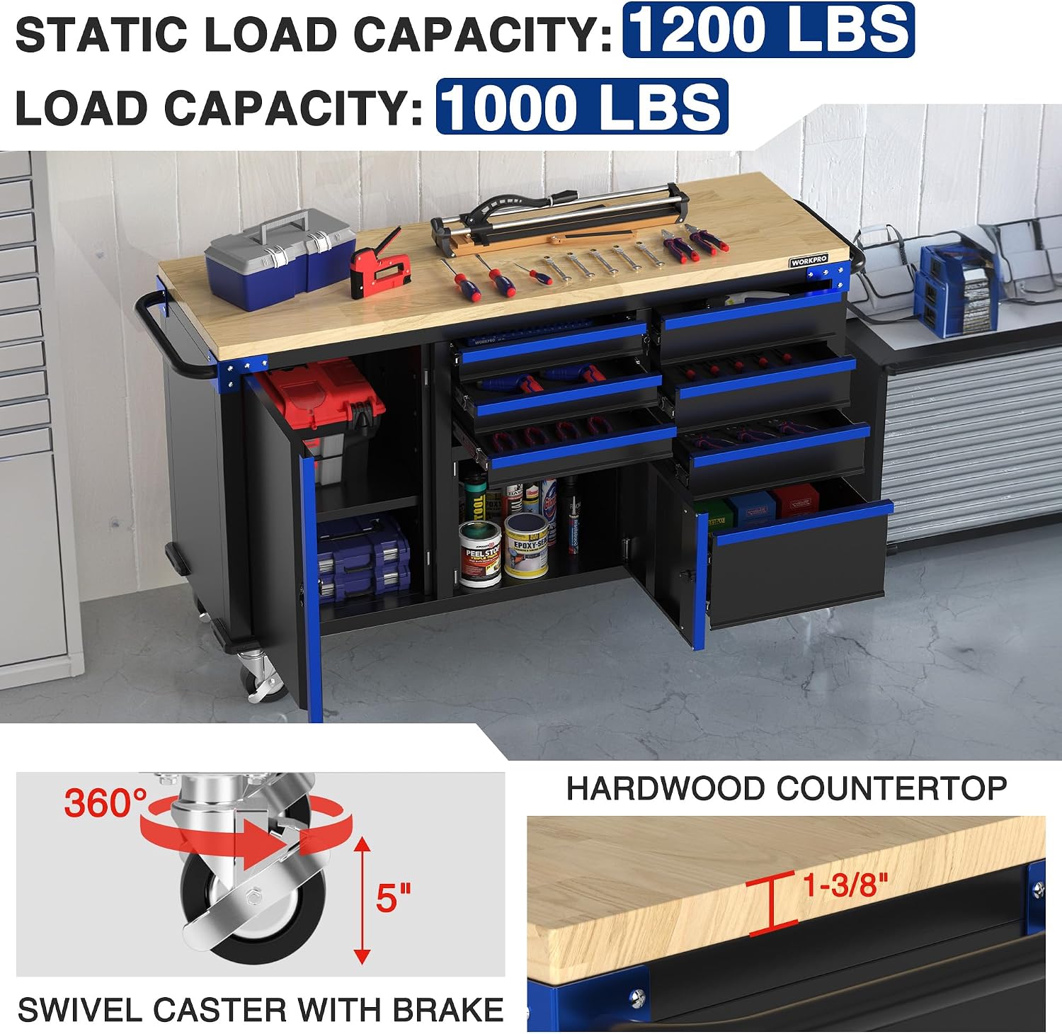 Blue and black rolling tool chest with 7 drawers and 2 doors, open with power strip