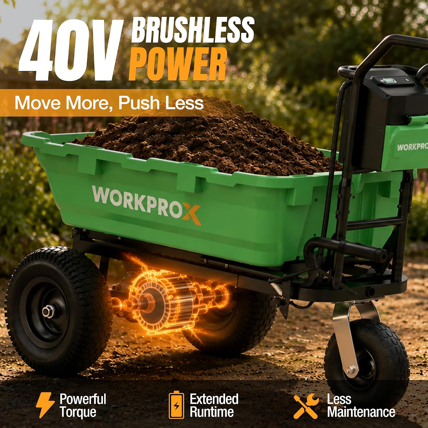 WORKPROX green battery-powered wheelbarrow driving on dirt, with front dual tires