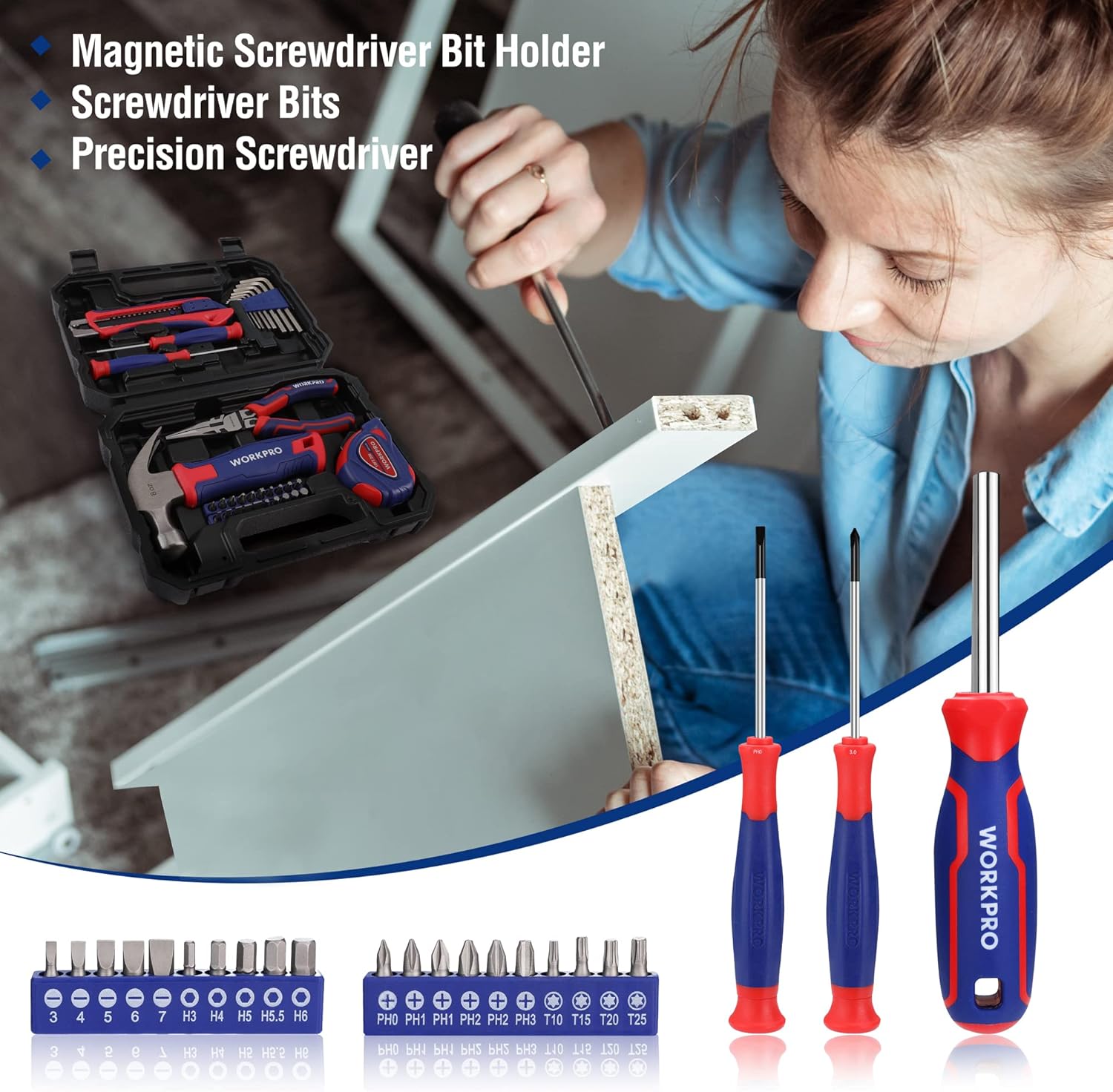 WORKPRO 35-piece tool kit with open black case, screwdrivers, bits and precision driver