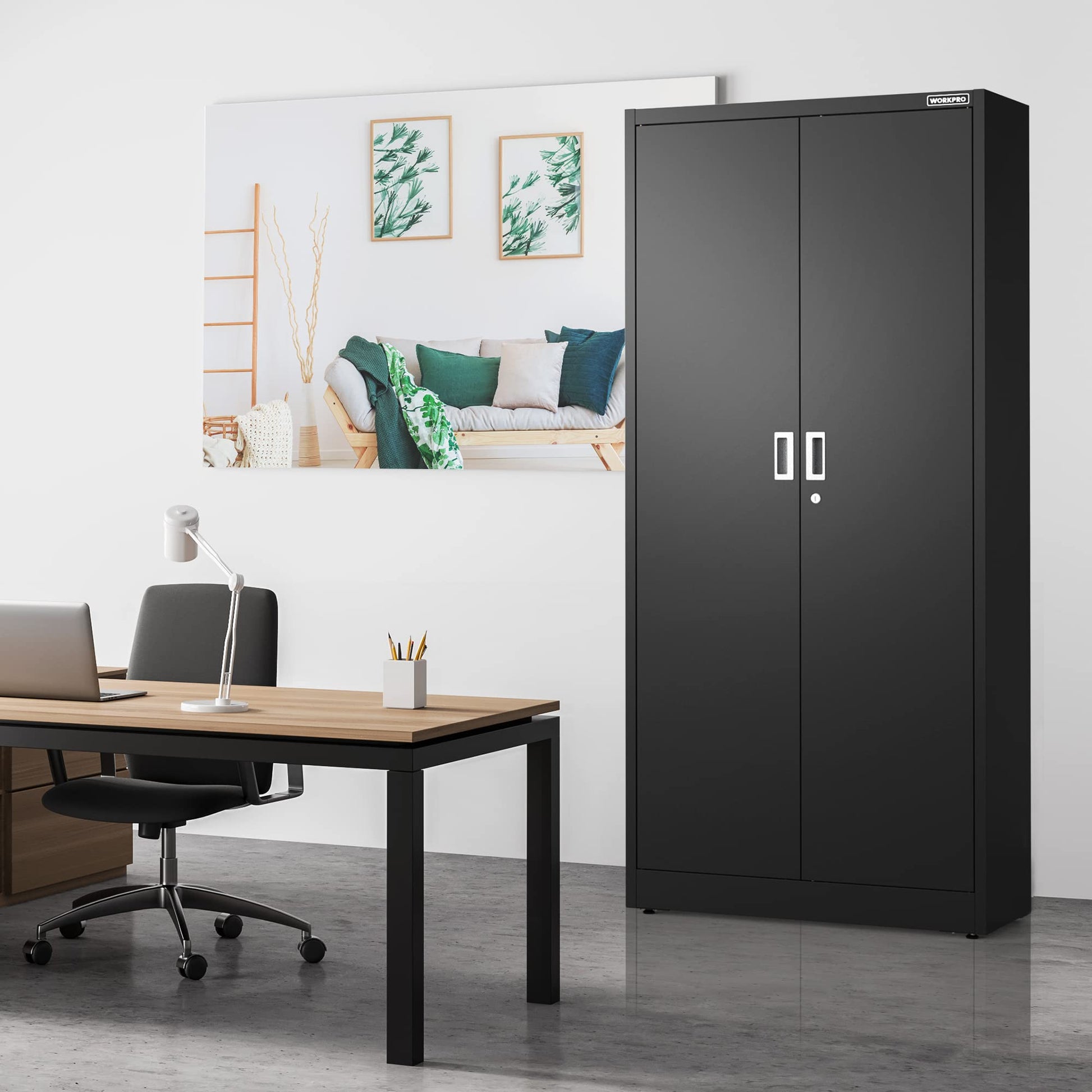 Dark gray metal storage cabinet with two doors and vertical handle pulls.