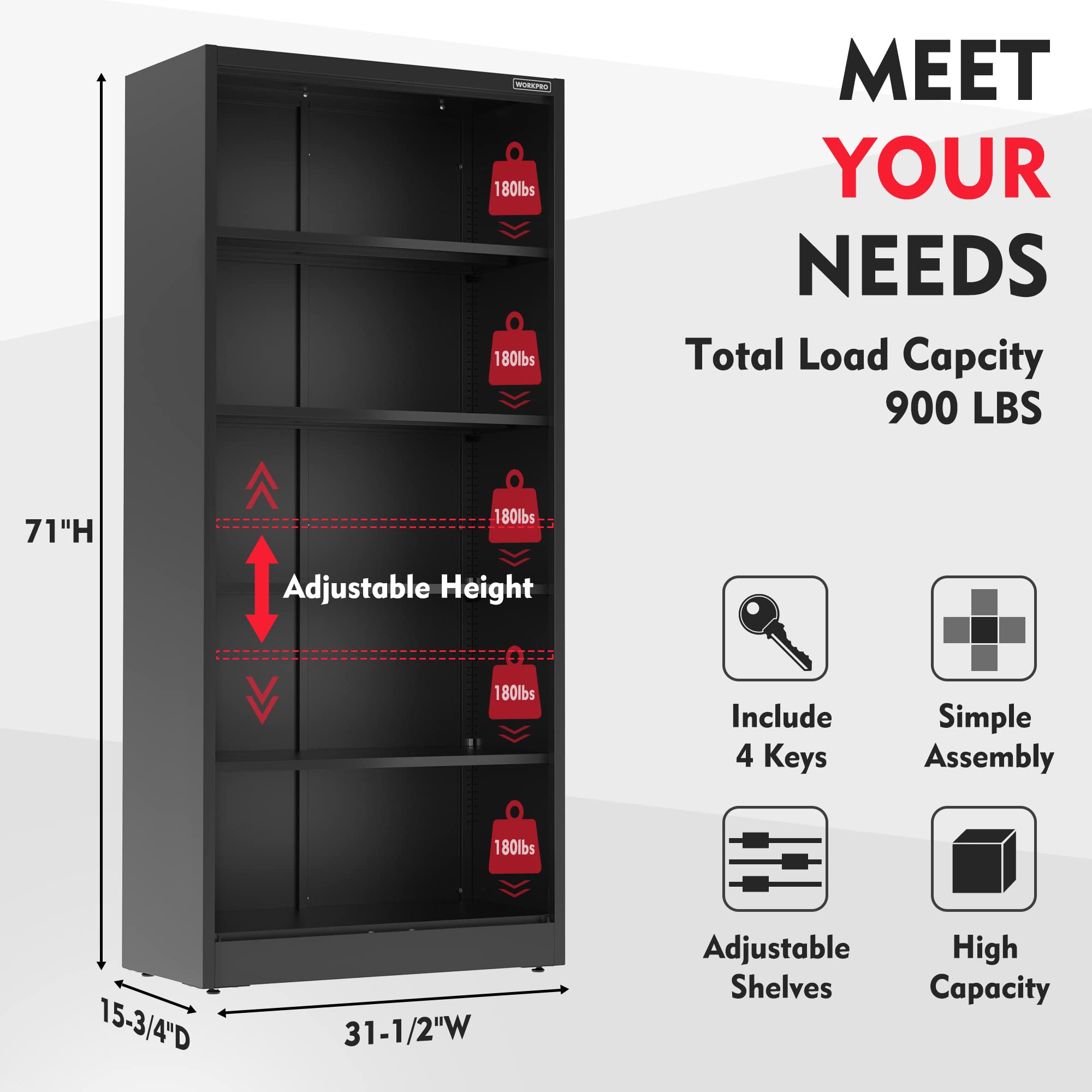 Black metal storage cabinet with adjustable shelves and reinforced door frame.
