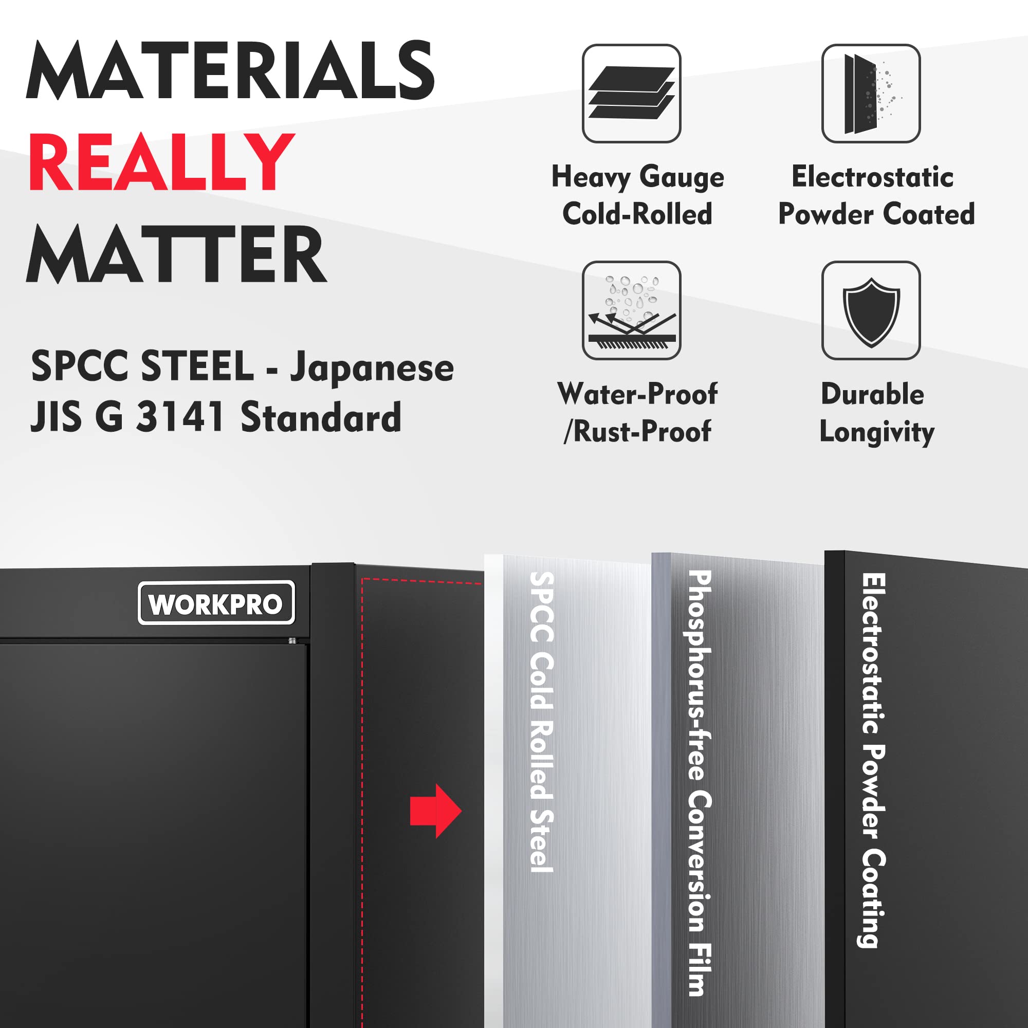 Black metal cabinet side panel with SPCC steel construction shown in cross-section.