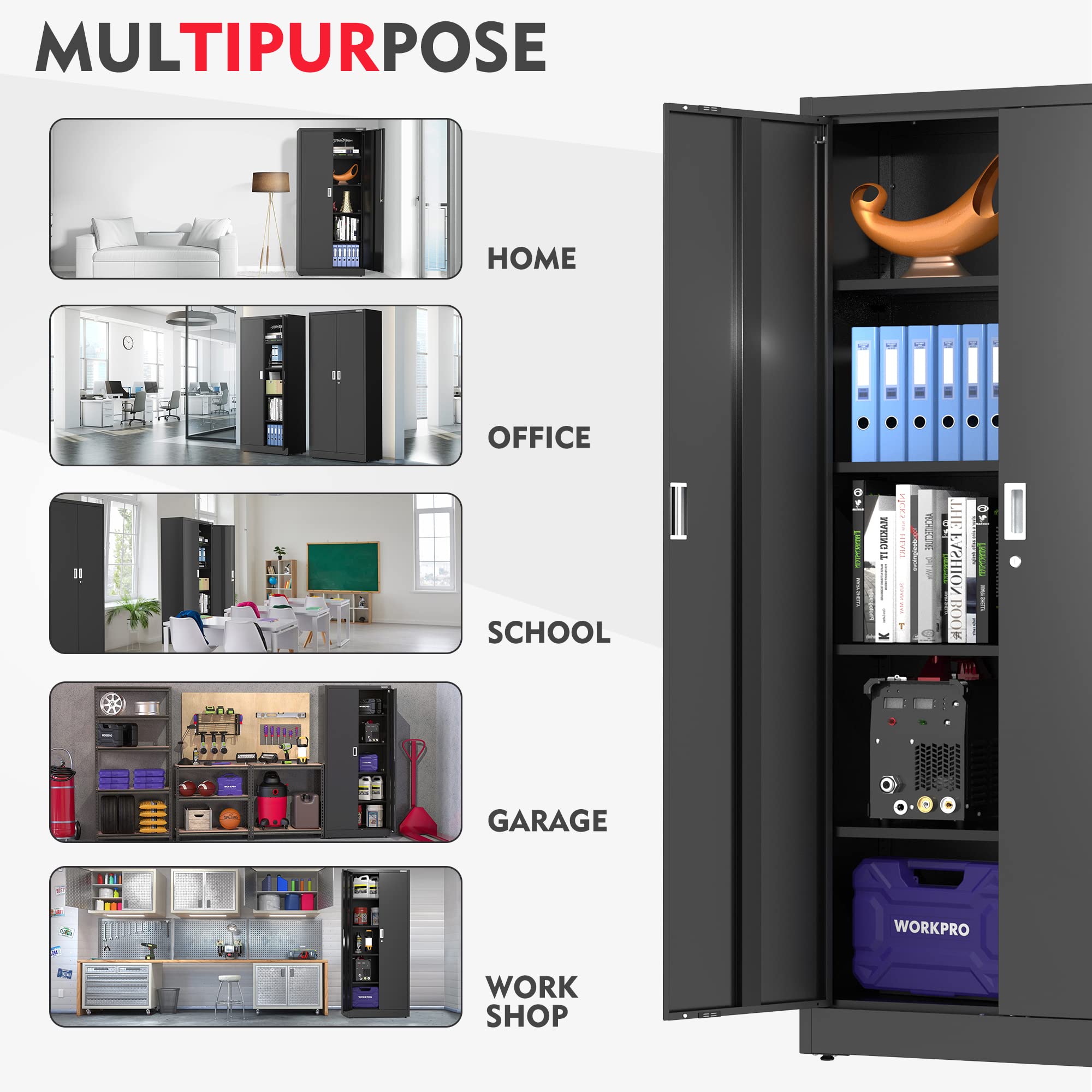 Dark gray metal storage cabinet with open door showing shelves and binders.