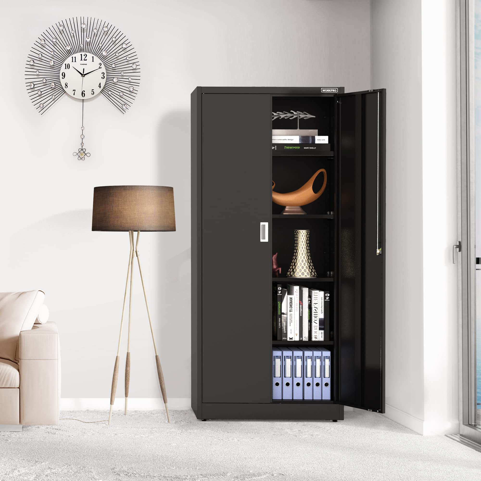 Dark gray metal storage cabinet with two doors and recessed vertical handles.